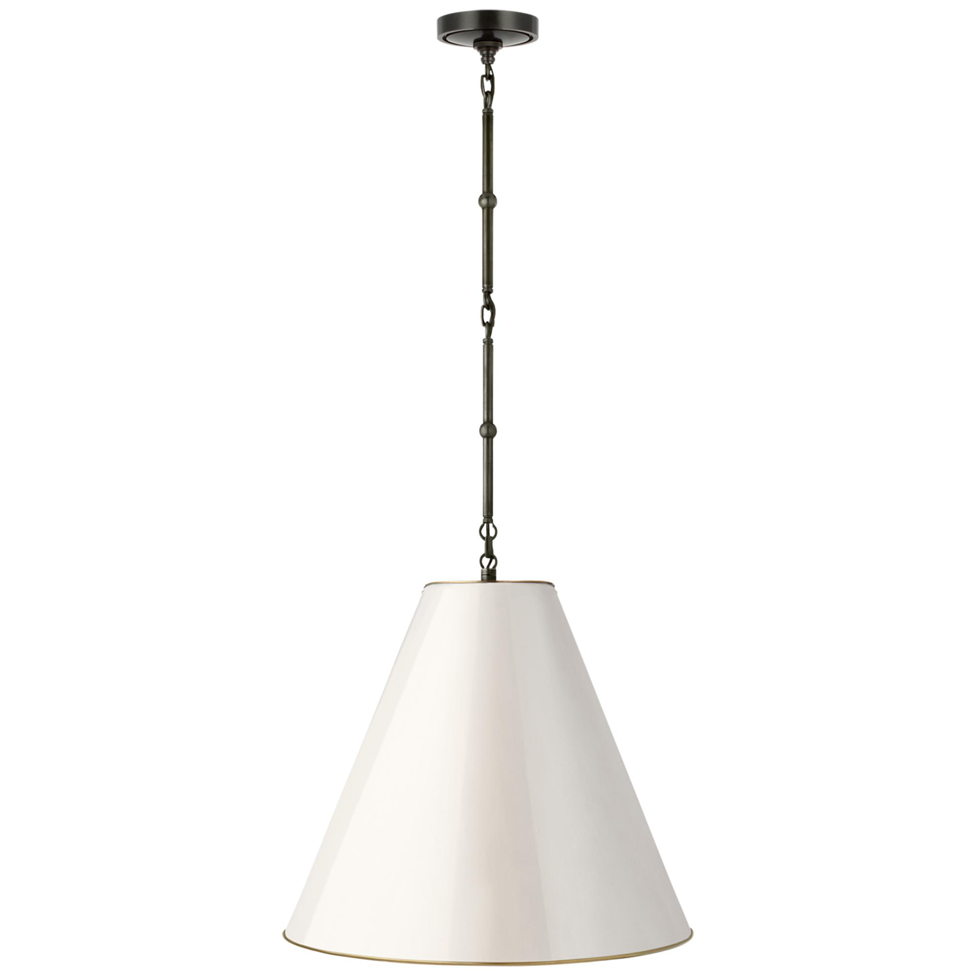 Shown in Bronze finish and Antique White With Brass Interior shade