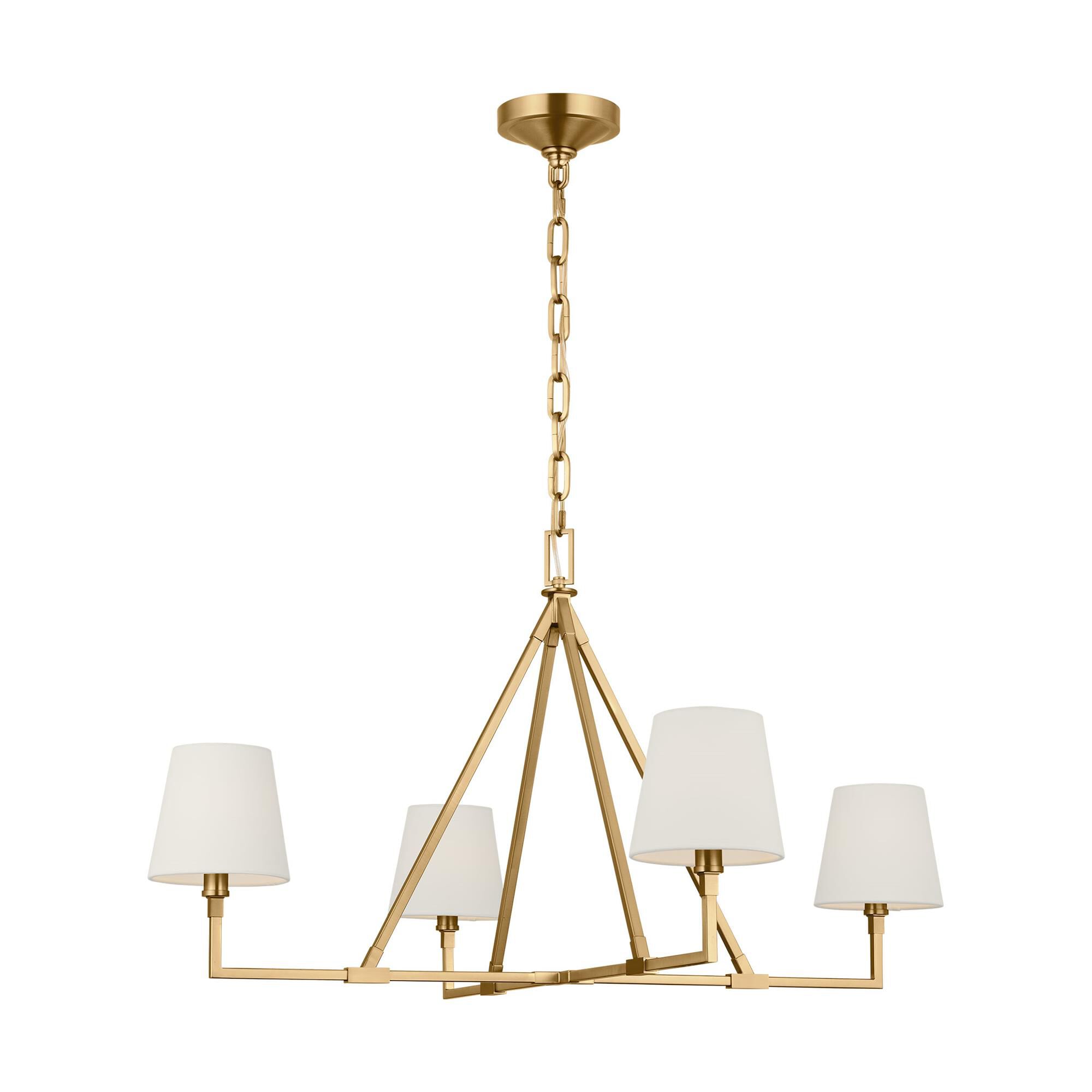 Shown in Burnished Brass finish and White Linen shade