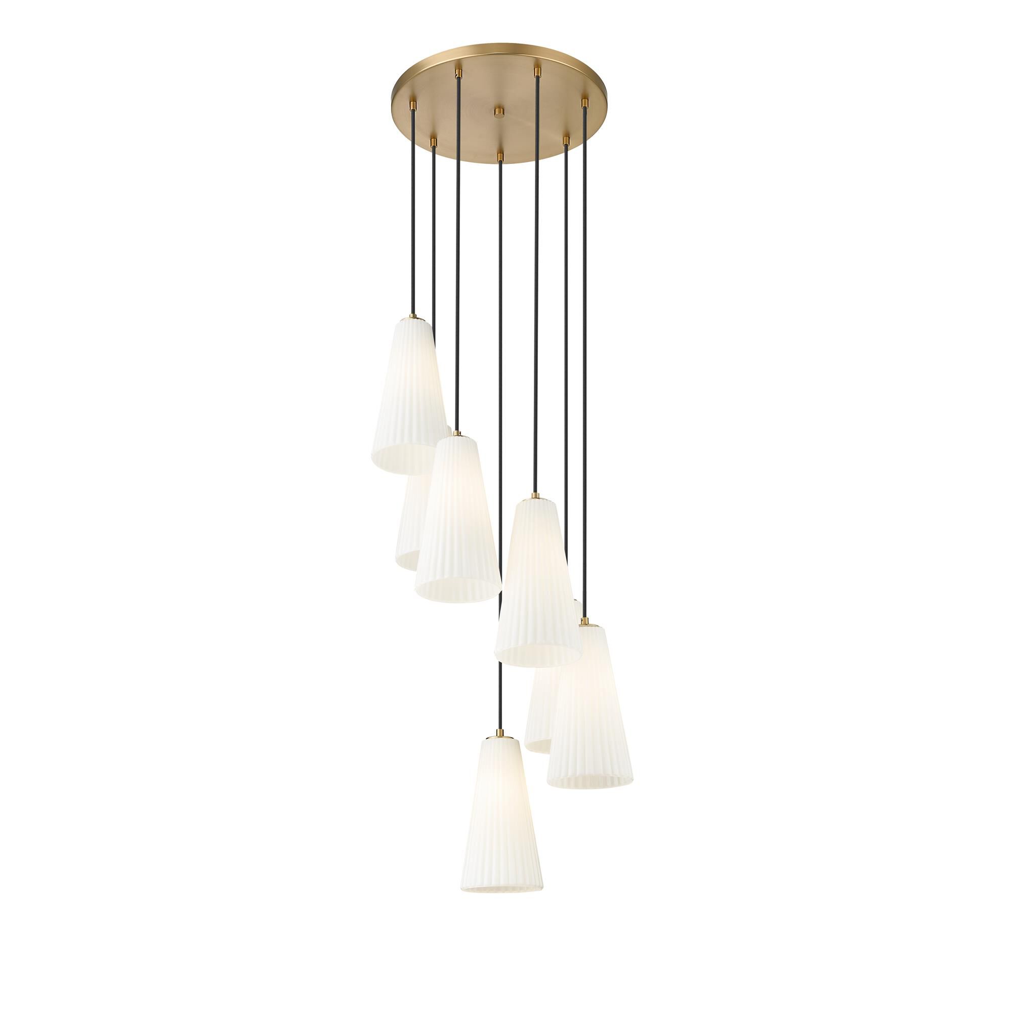 Shown in Modern Gold finish and White glass and White shade