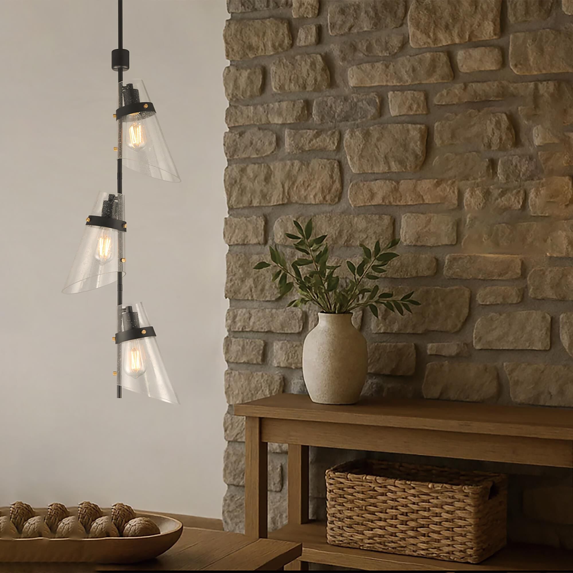 Shown in Dark Bronze and Antique Brass finish and Seedy glass