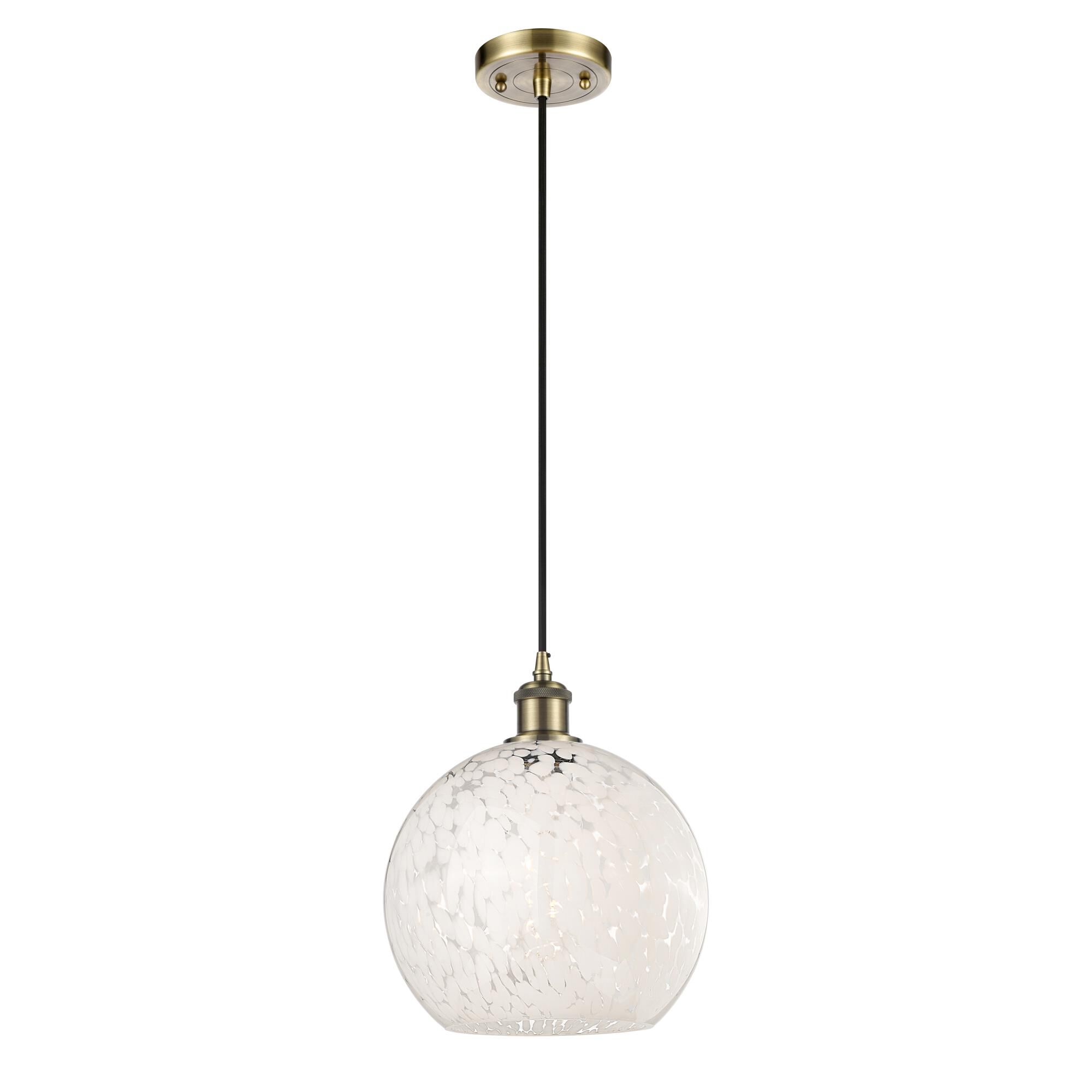 Shown in Antique Brass finish and White Mouchette glass