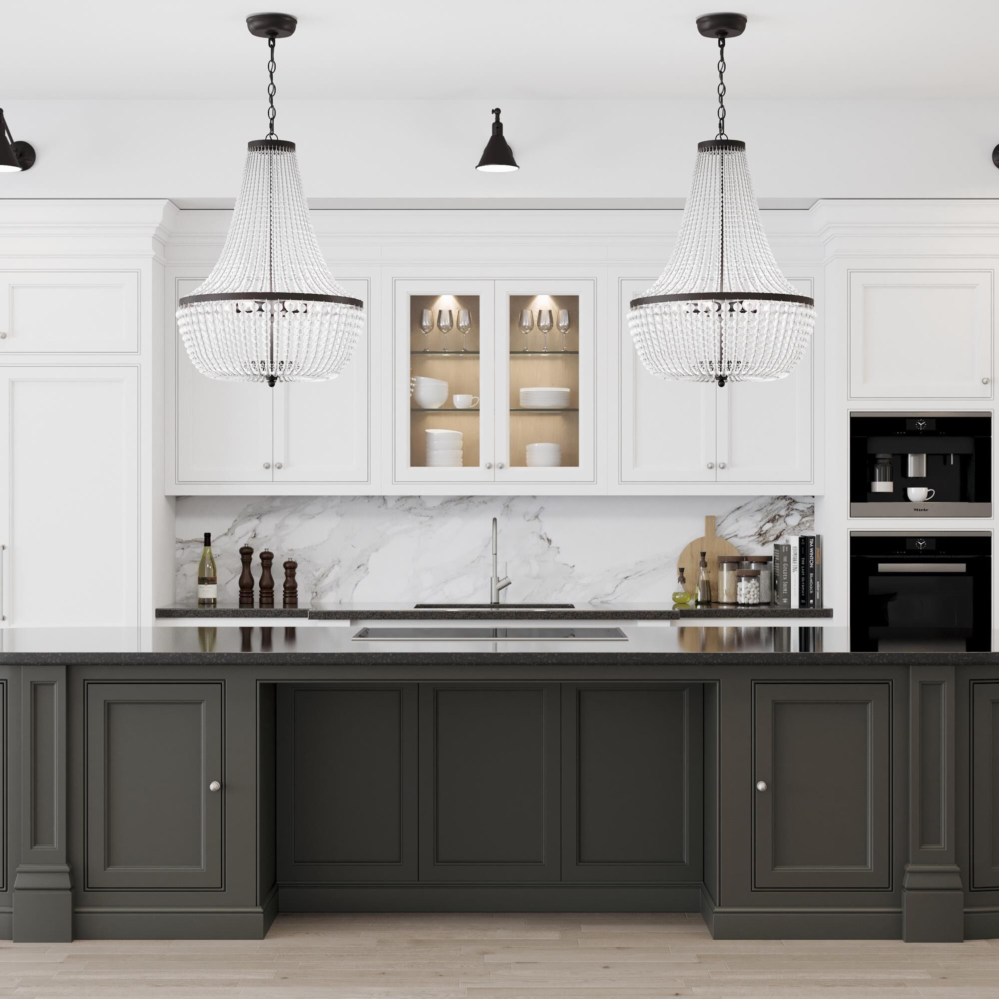 Shown in Matte Black finish and Frosted Glass Beads crystal