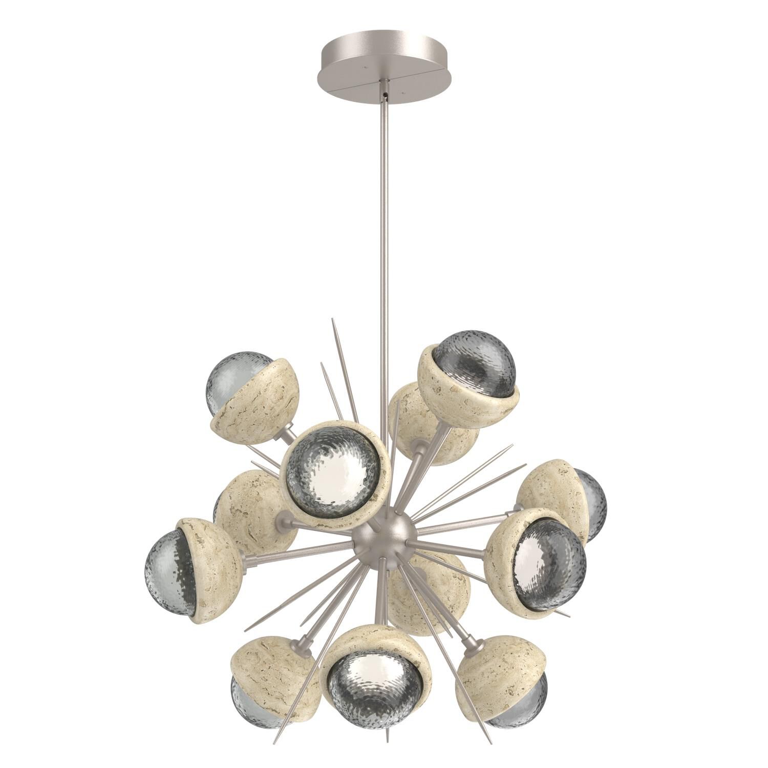Shown in Beige Silver finish and Smoke glass and Travertine Stone accent
