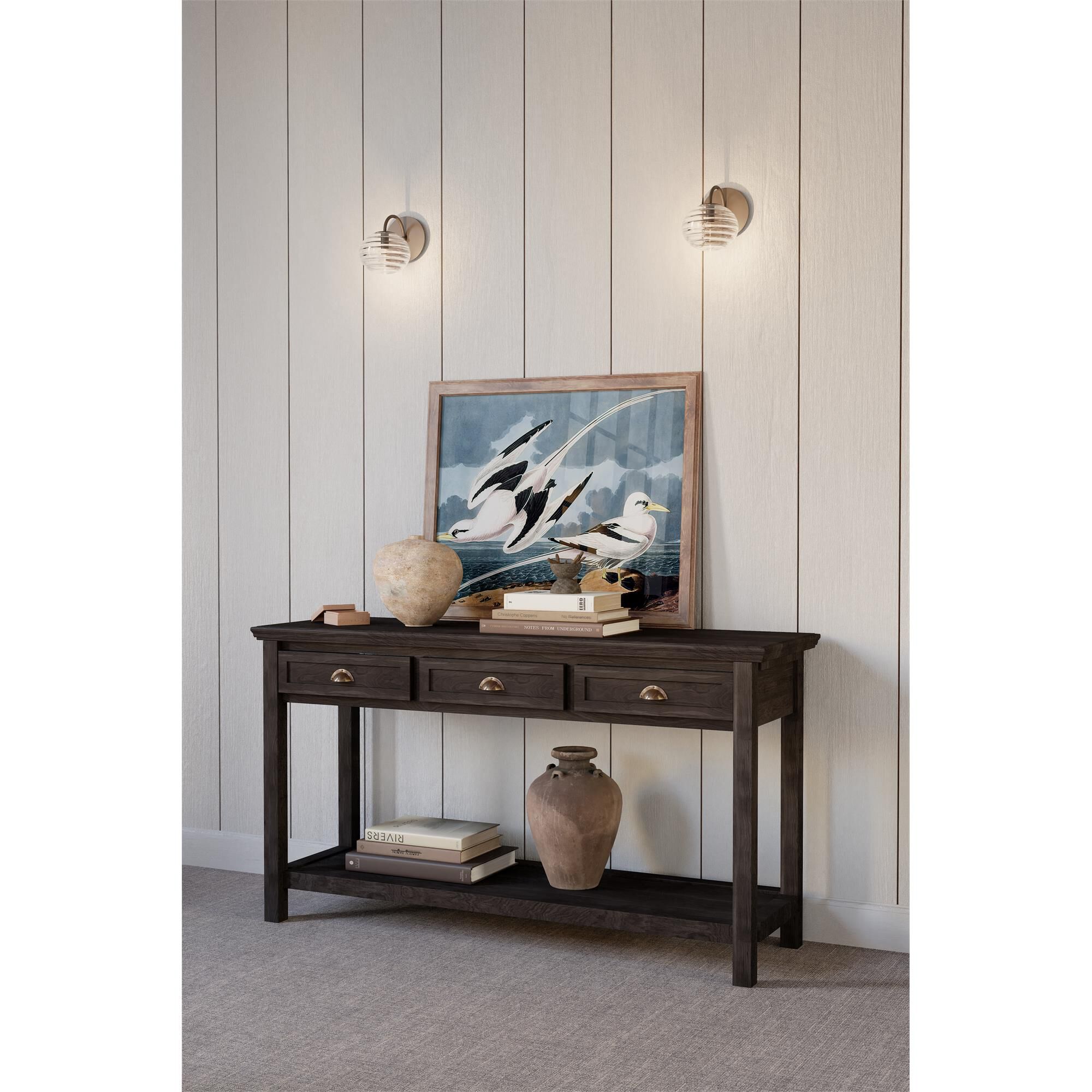 Shown in Dark Bronze finish and Clear Ribbed glass