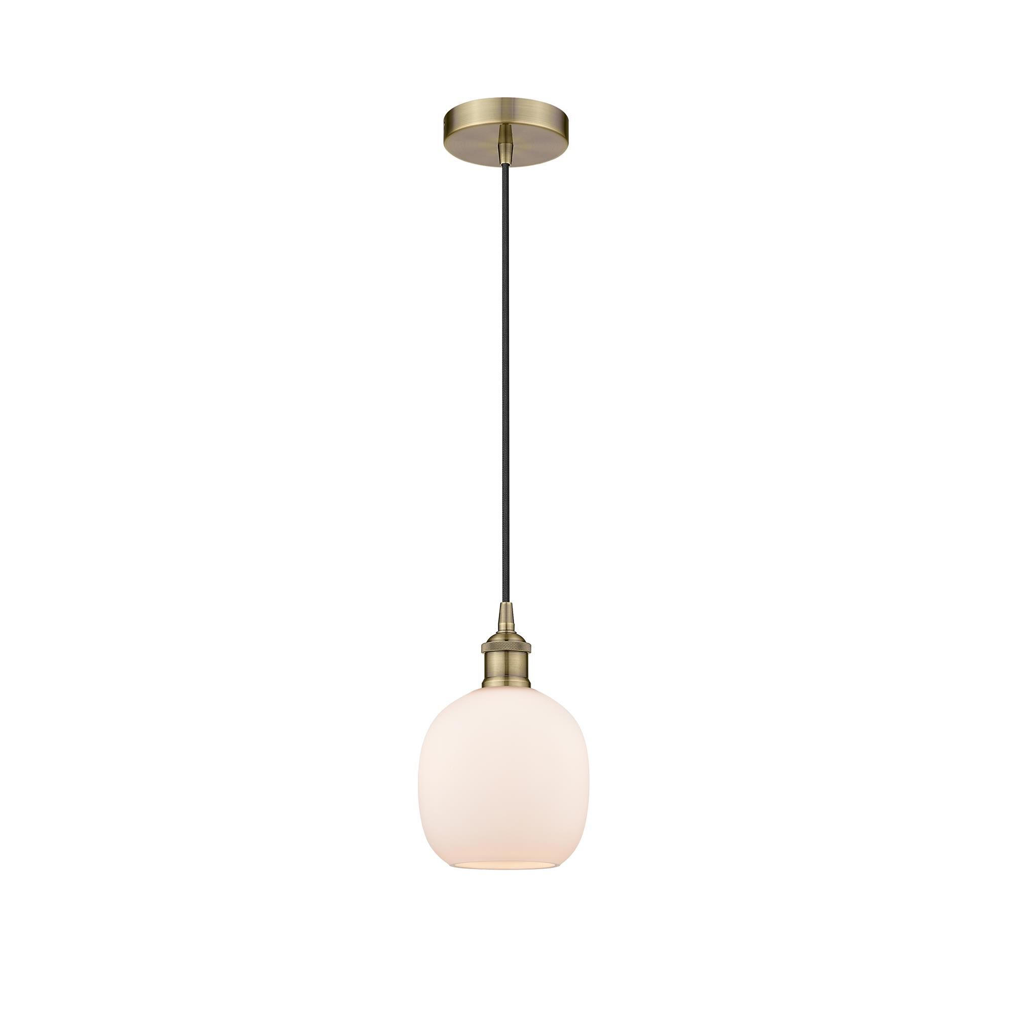 Shown in Antique Brass finish and Matte White Belfast glass