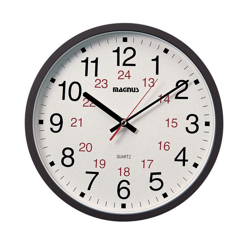 12/24 Hour Clock, Black, Sweep Style Second Hand, Glass Face Wall Clock by Dainolite