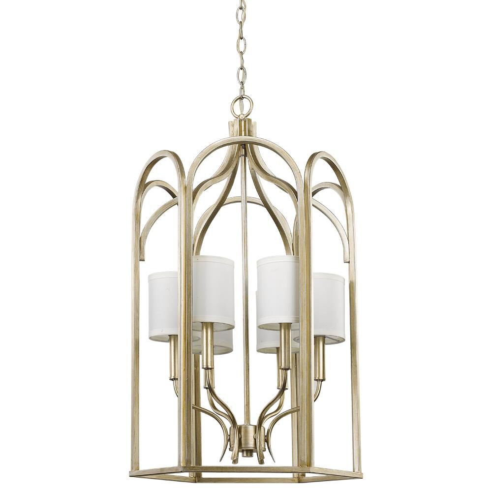 Shown in Washed Gold finish and White glass and White Fabric s shade