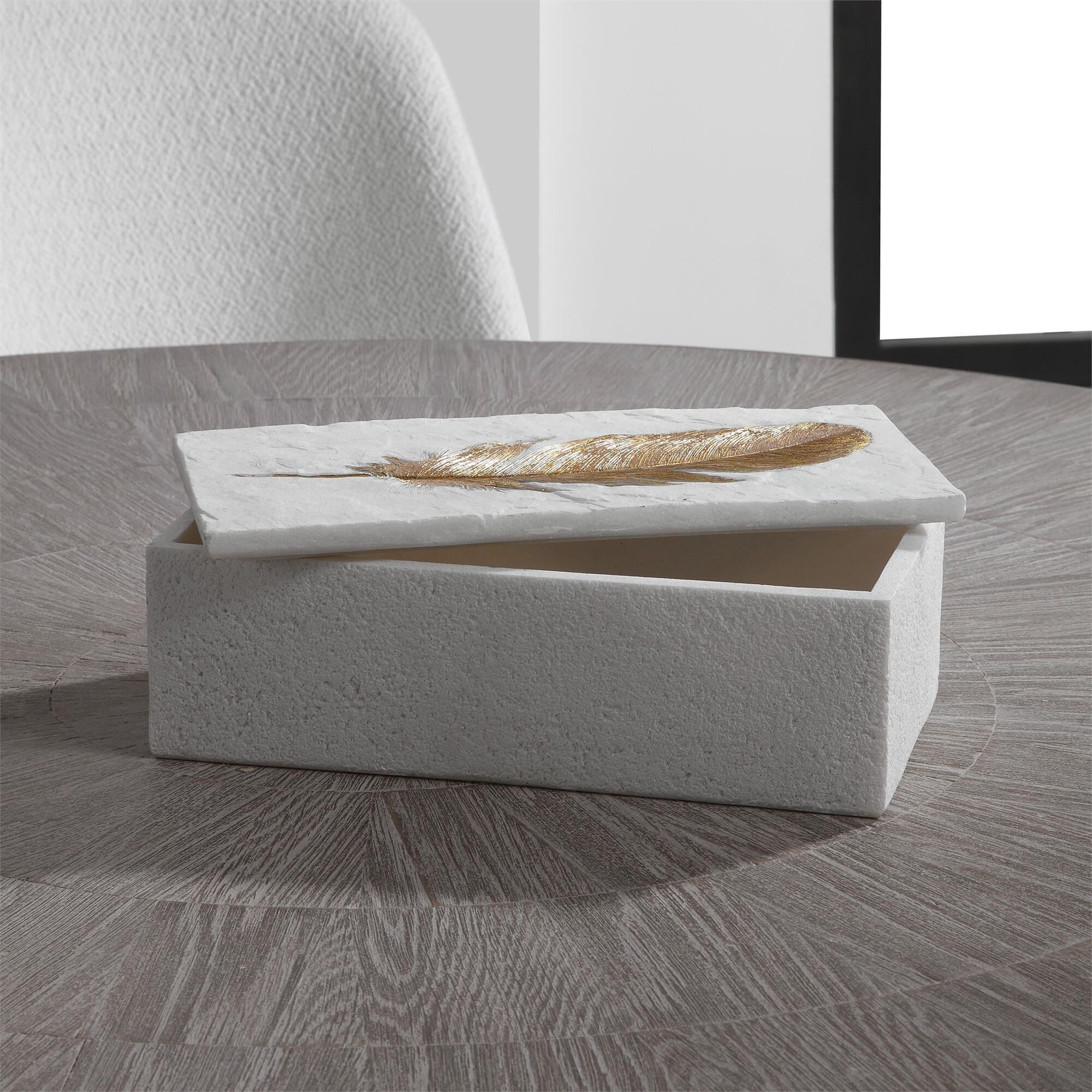 Shown in Decorative Box Has An Aged White Stone Look With An Etched Gold Leaf Feather Accent And Lift-Off Lid finish