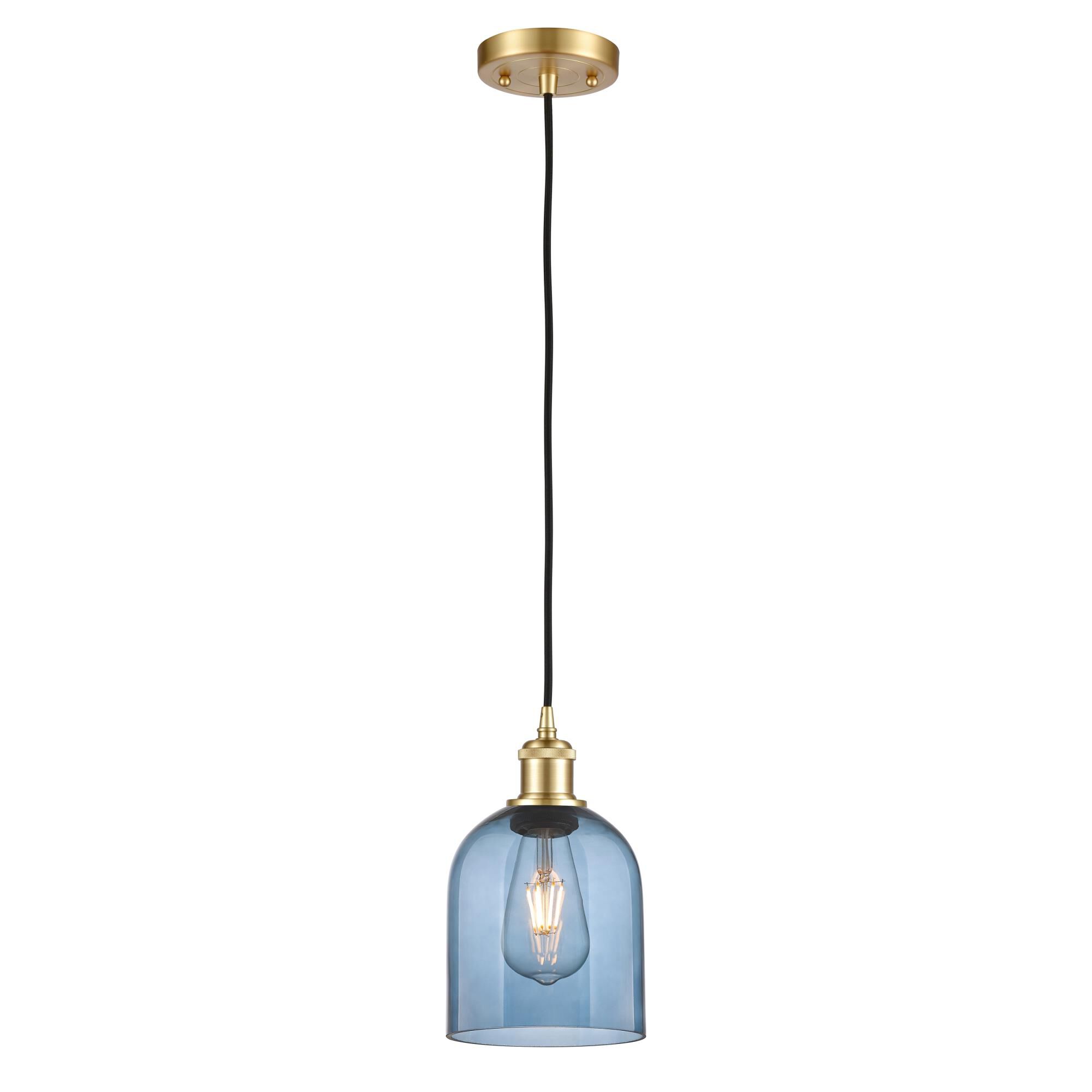 Shown in Satin Gold finish and Princess Blue glass