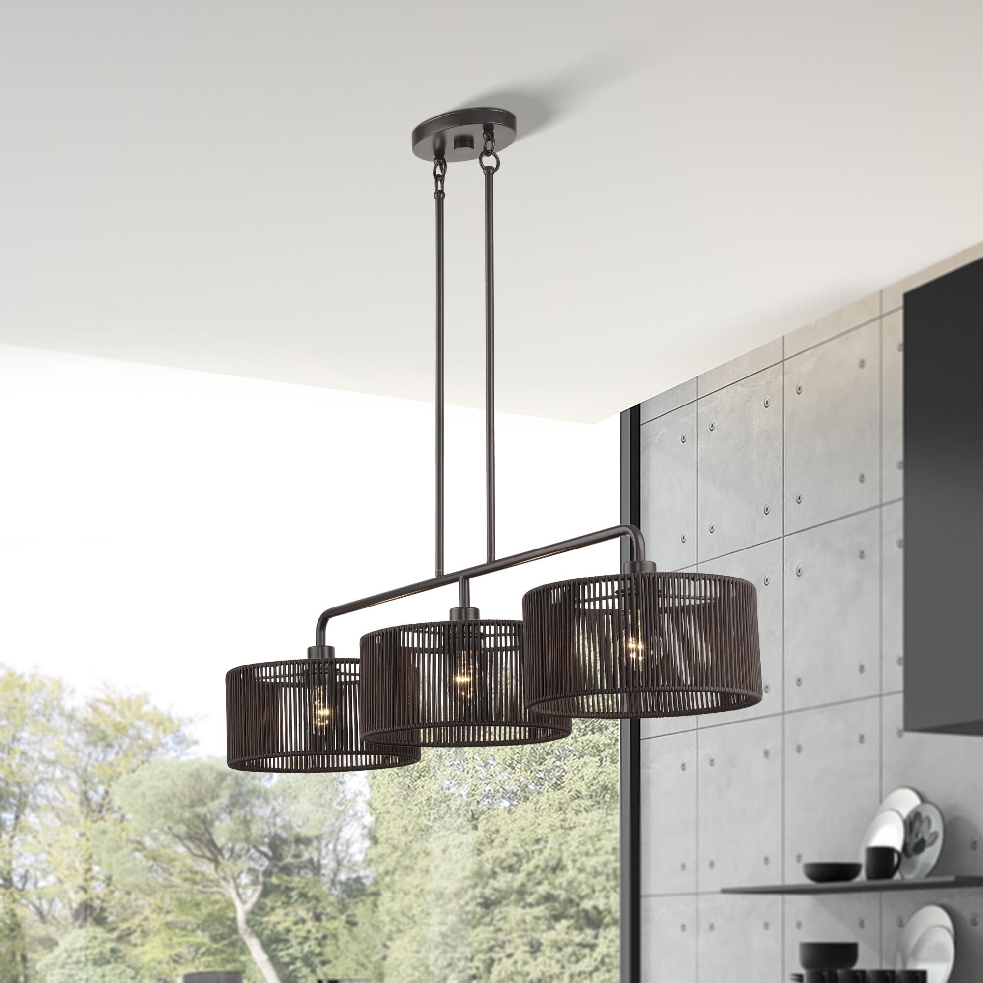 Shown in English Bronze finish and Hand-Woven Dark Chocolate Color Polyester Rope shade