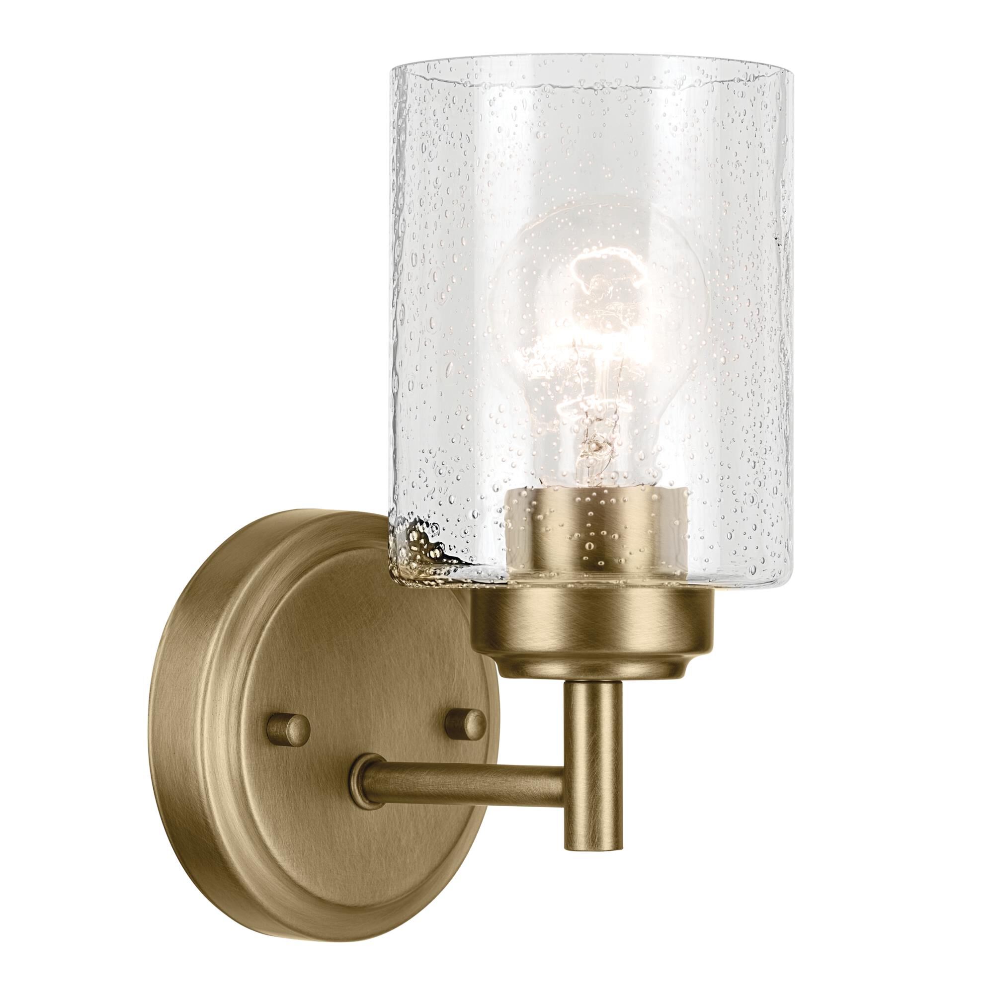 Shown in Natural Brass finish and Clear Seeded glass