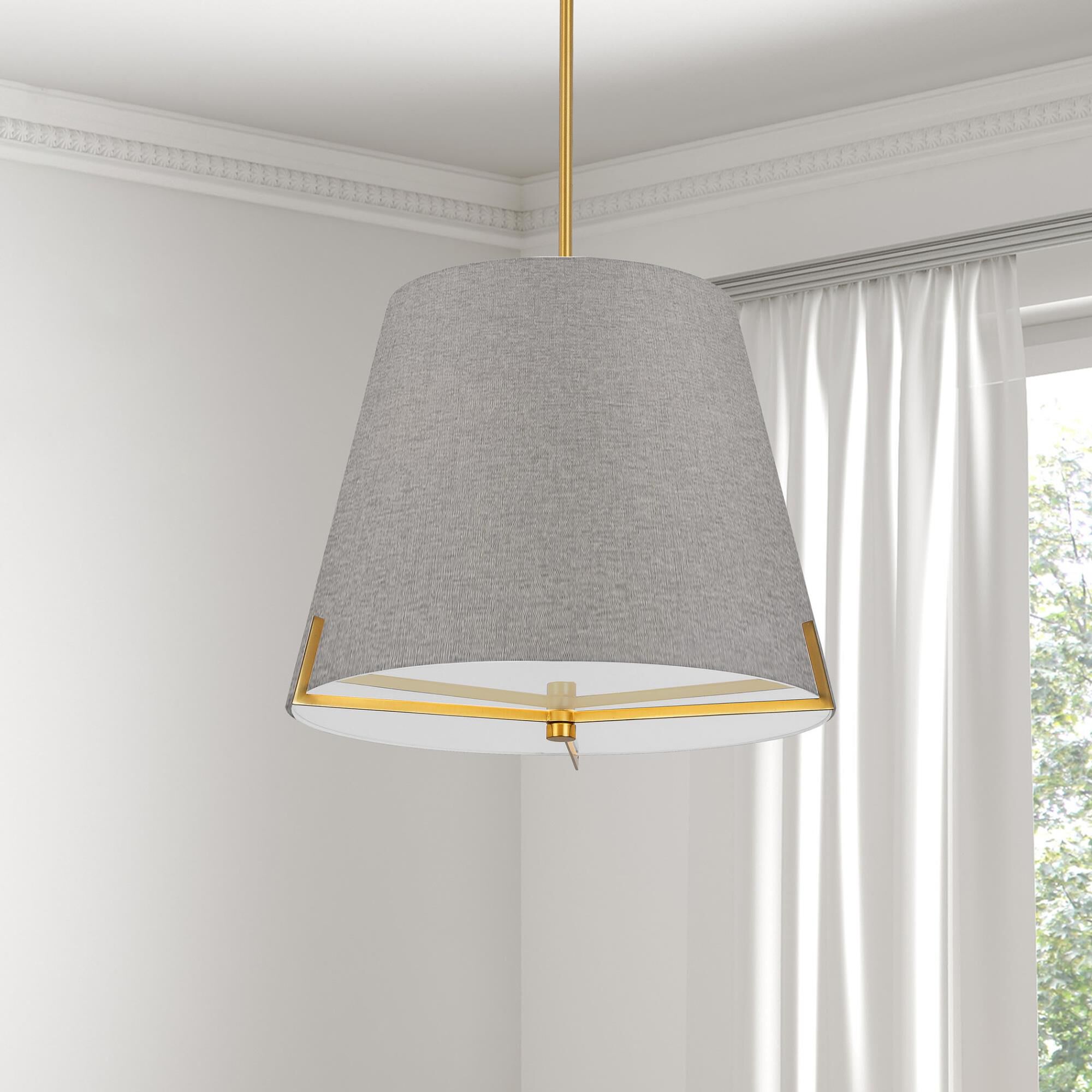 Shown in Grey and Aged Brass finish and Fabric Gray Tapered Drum shade