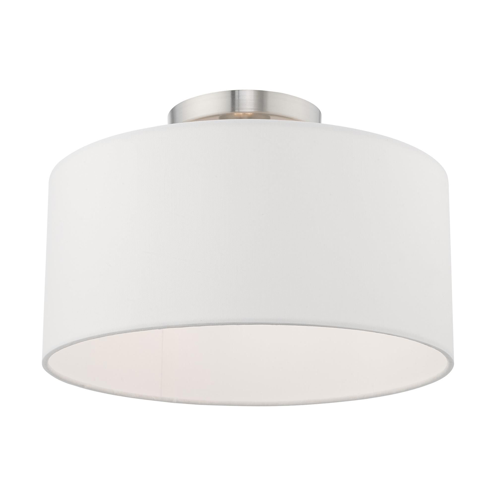 Shown in Brushed Nickel finish and Hand Crafted Off-White Fabric Hardback shade