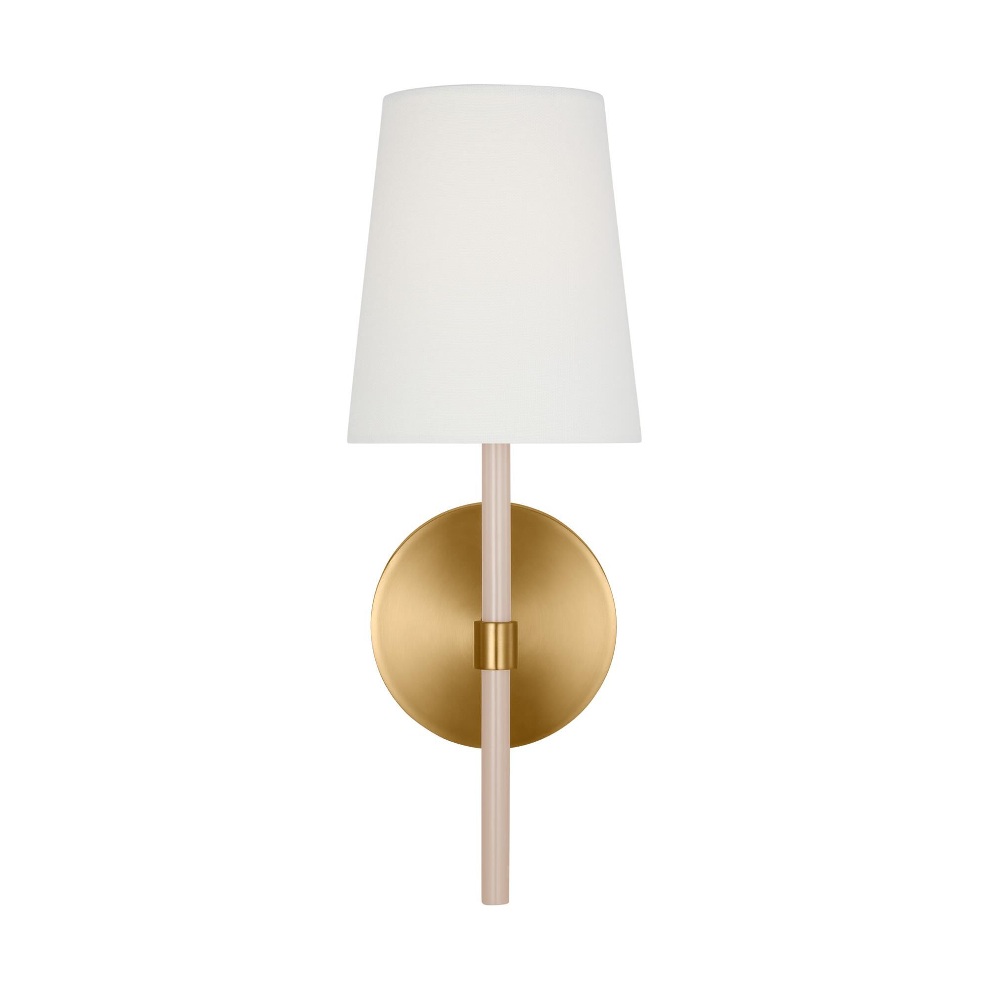 Shown in Burnished Brass finish and White Linen Fabric shade