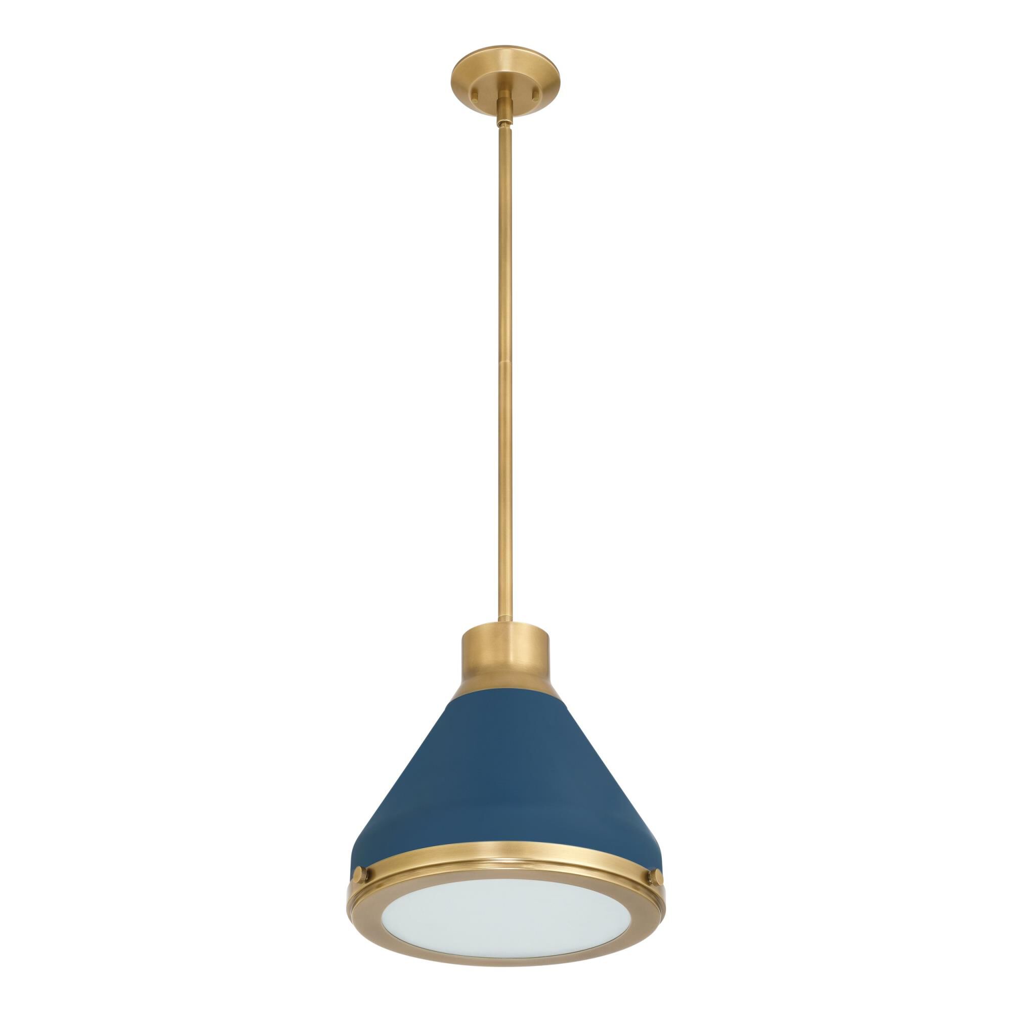 Shown in Natural Brass finish and Etched glass and Natural Brass, Matte Blue shade