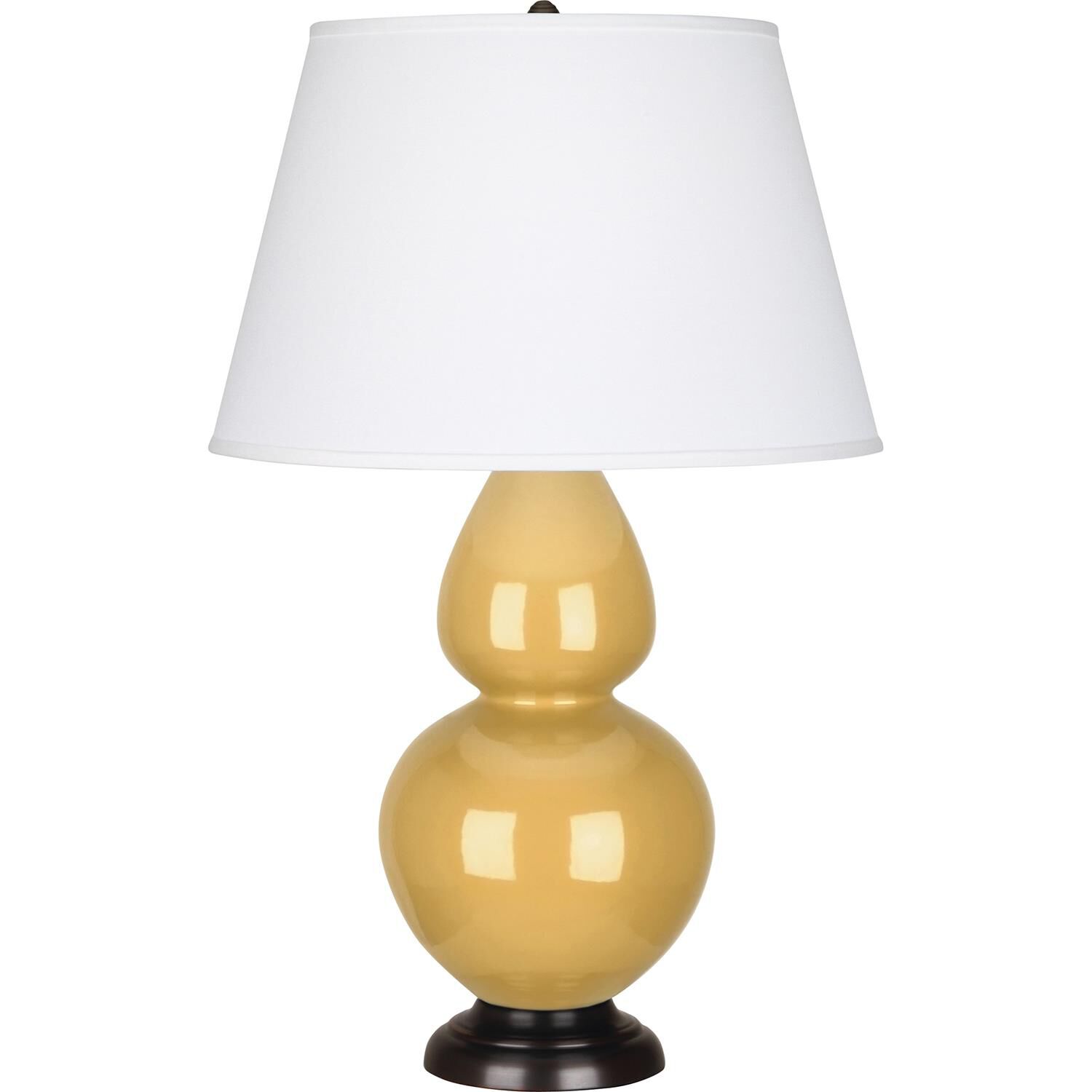 Shown in Sunset Yellow Glazed Ceramic With Deep Patina Bronze ed Accents finish and Pearl Dupioni Fabric shade
