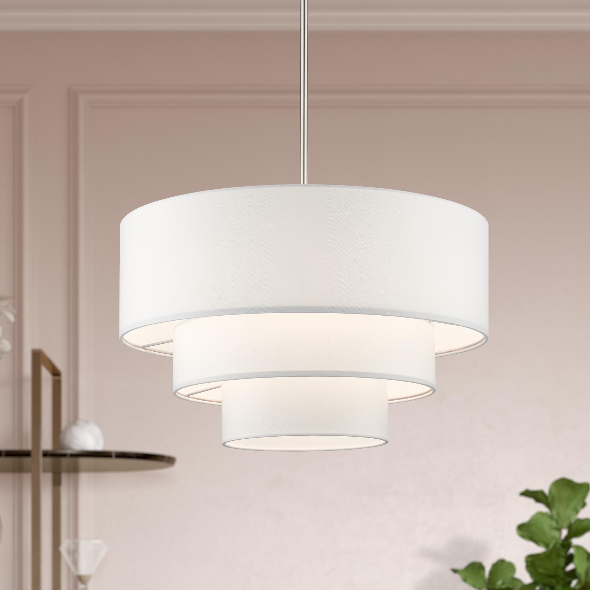 Shown in Brushed Nickel finish and Hand Crafted Off-White Color Hardback Fabric with White Fabric Inside shade