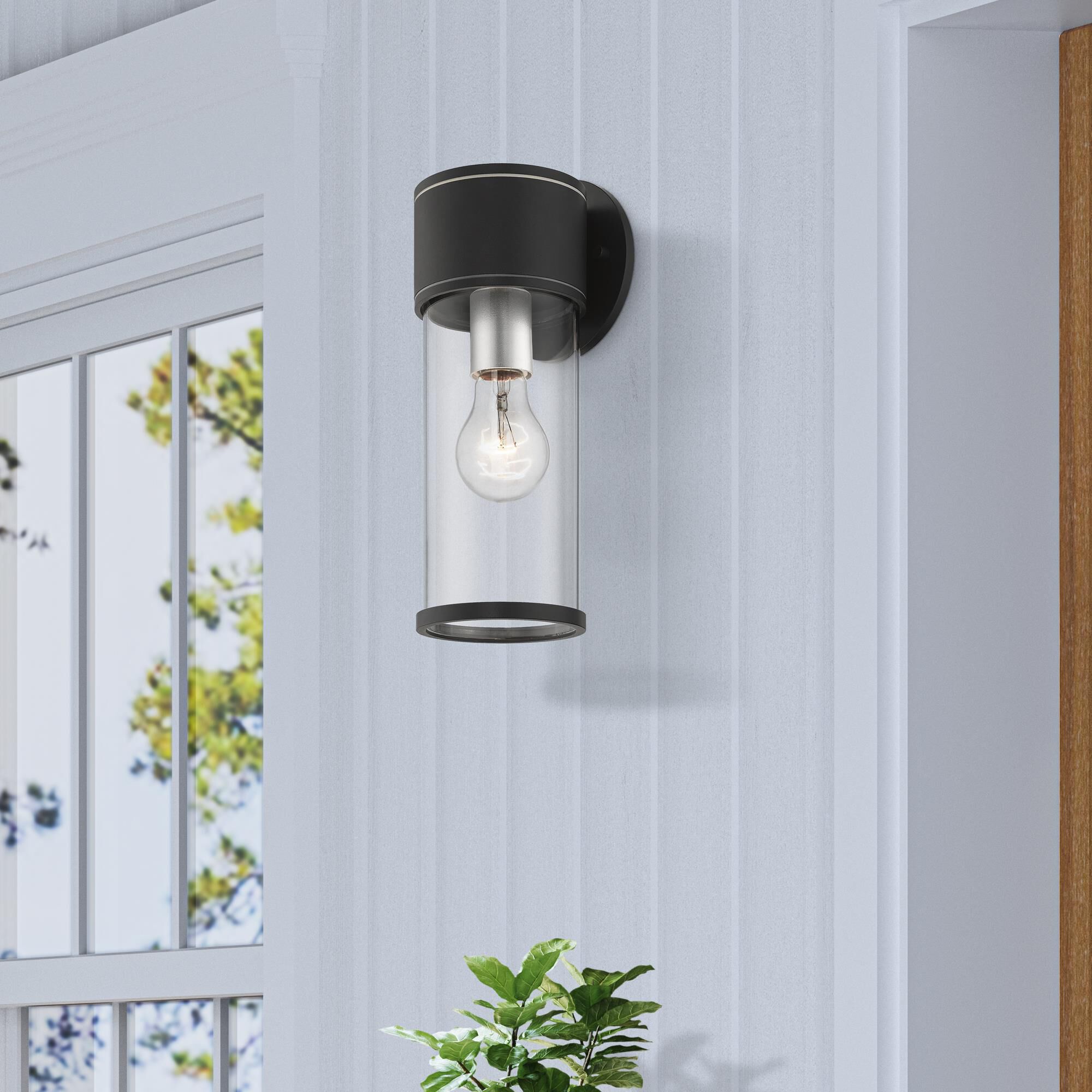 Shown in Textured Black With Antique Silver Accents finish and Clear glass