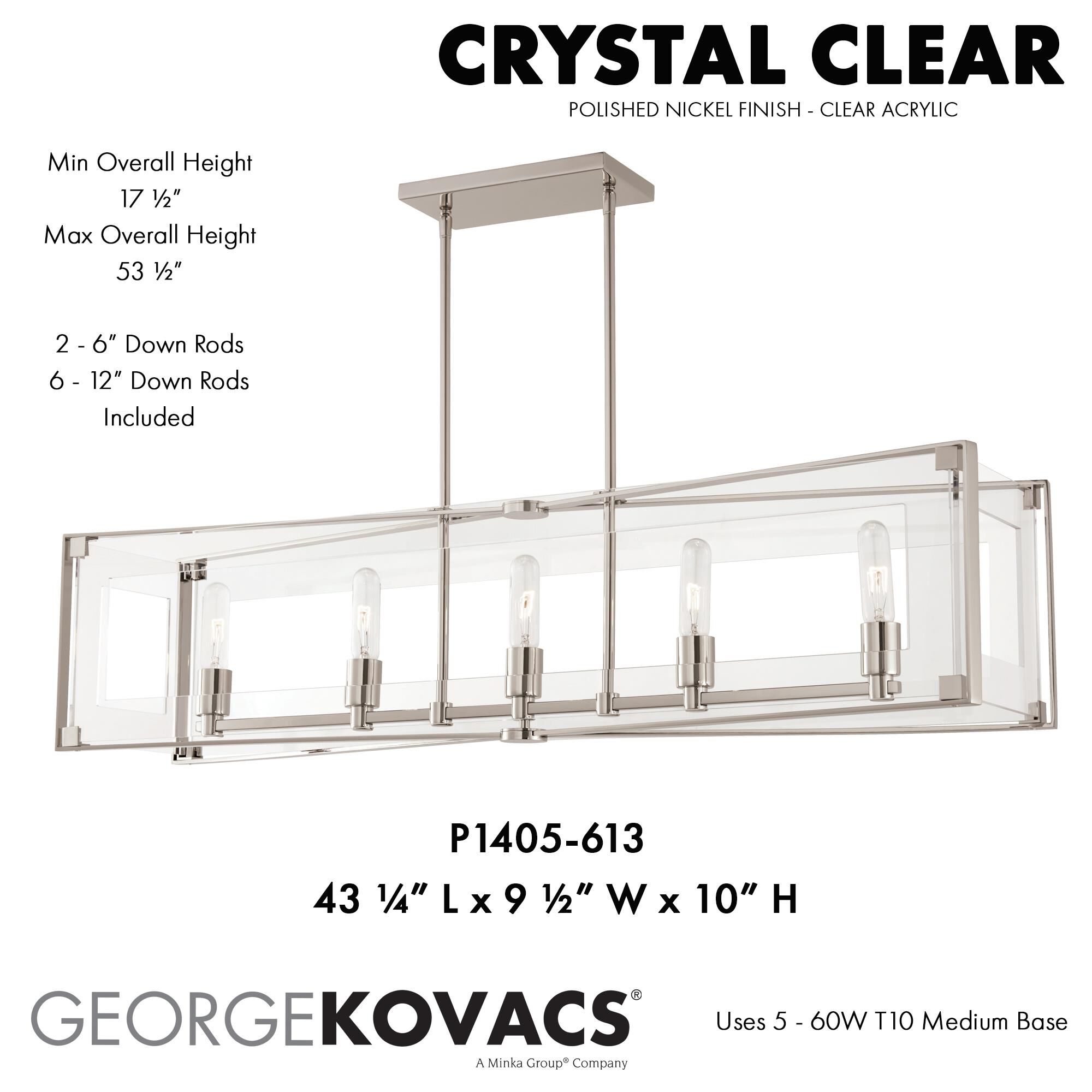 Crystal Clear 43 Inch 5 Light Linear Suspension Light by Kovacs
