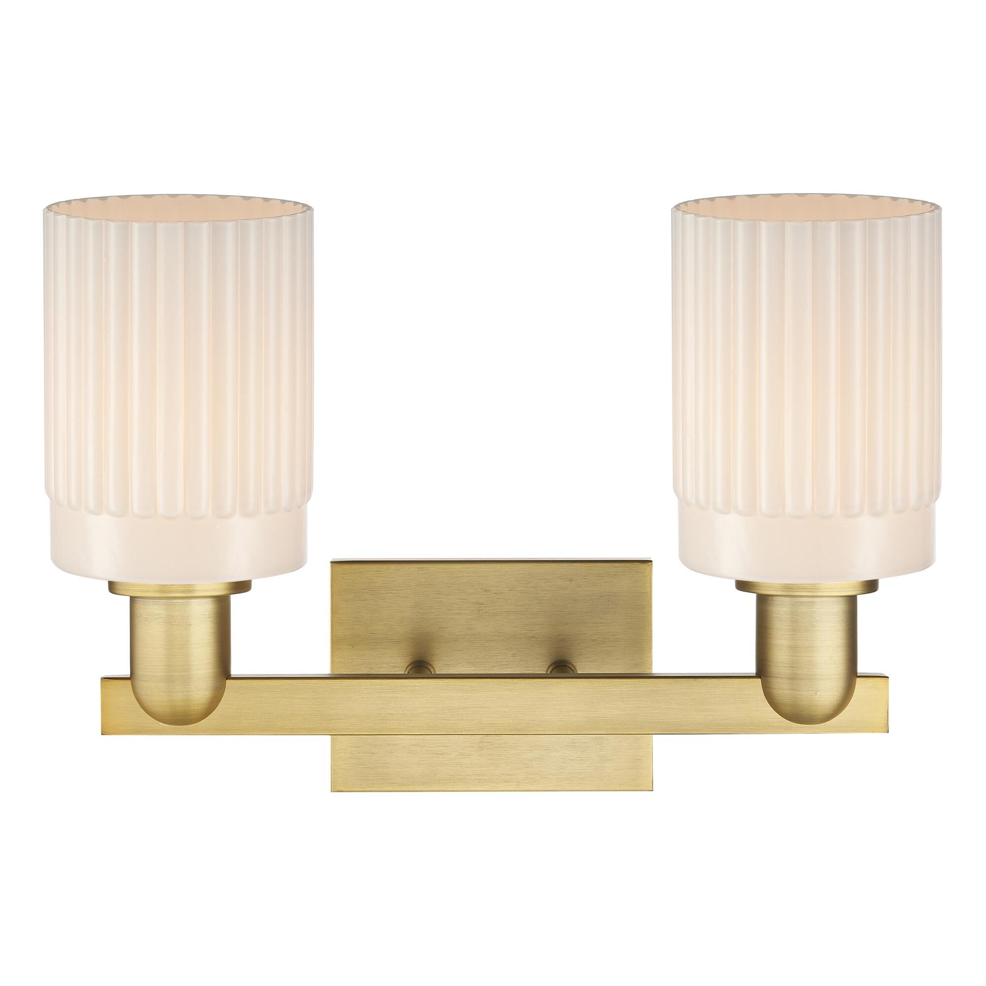 Shown in Brushed Brass finish and Matte White glass