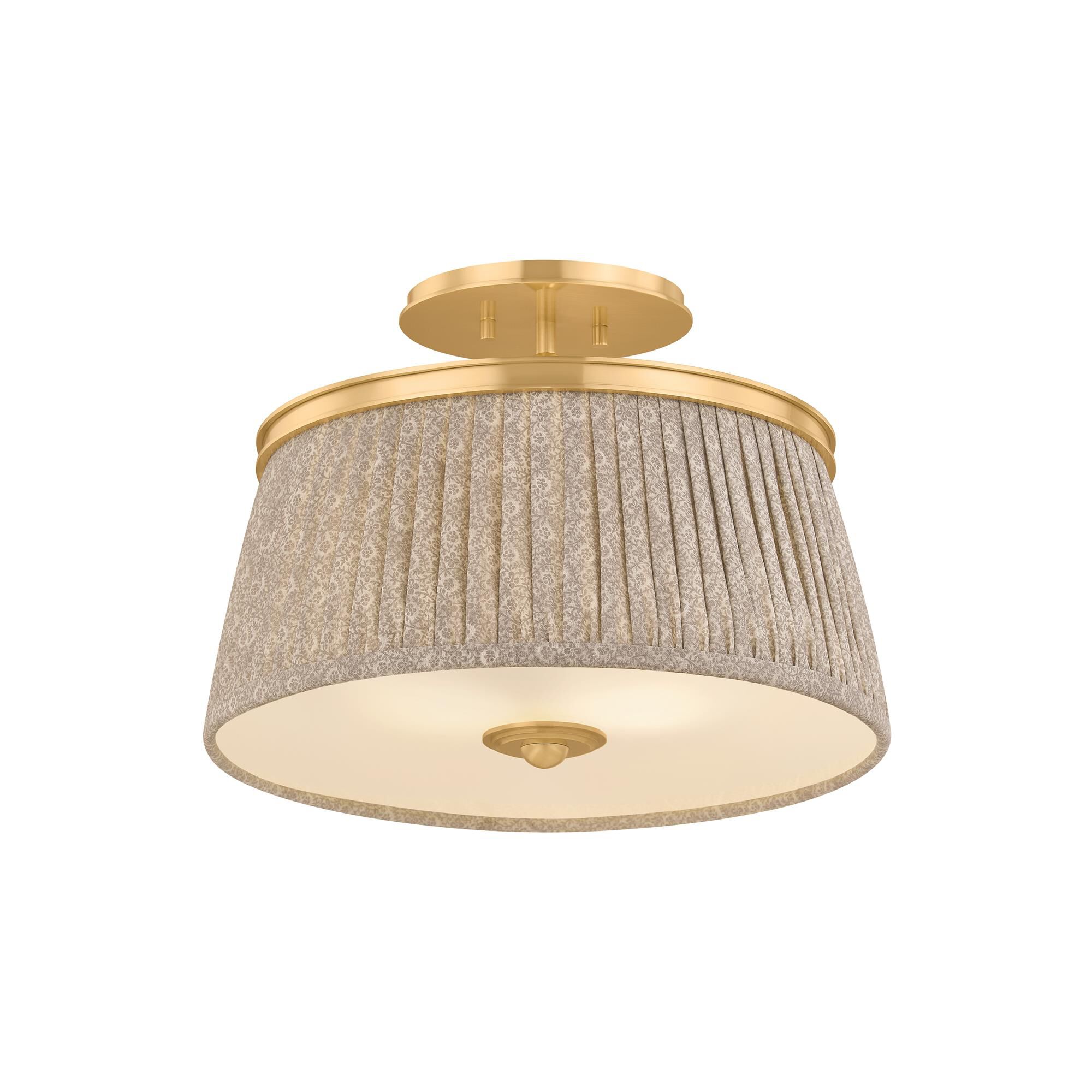 Shown in Aged Brass finish and Gathered Printed Cotton shade