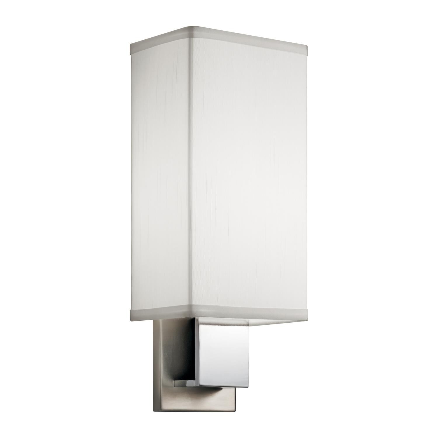 Shown in Brushed Nickel & Chrome finish and White Acrylic glass and White Linen shade