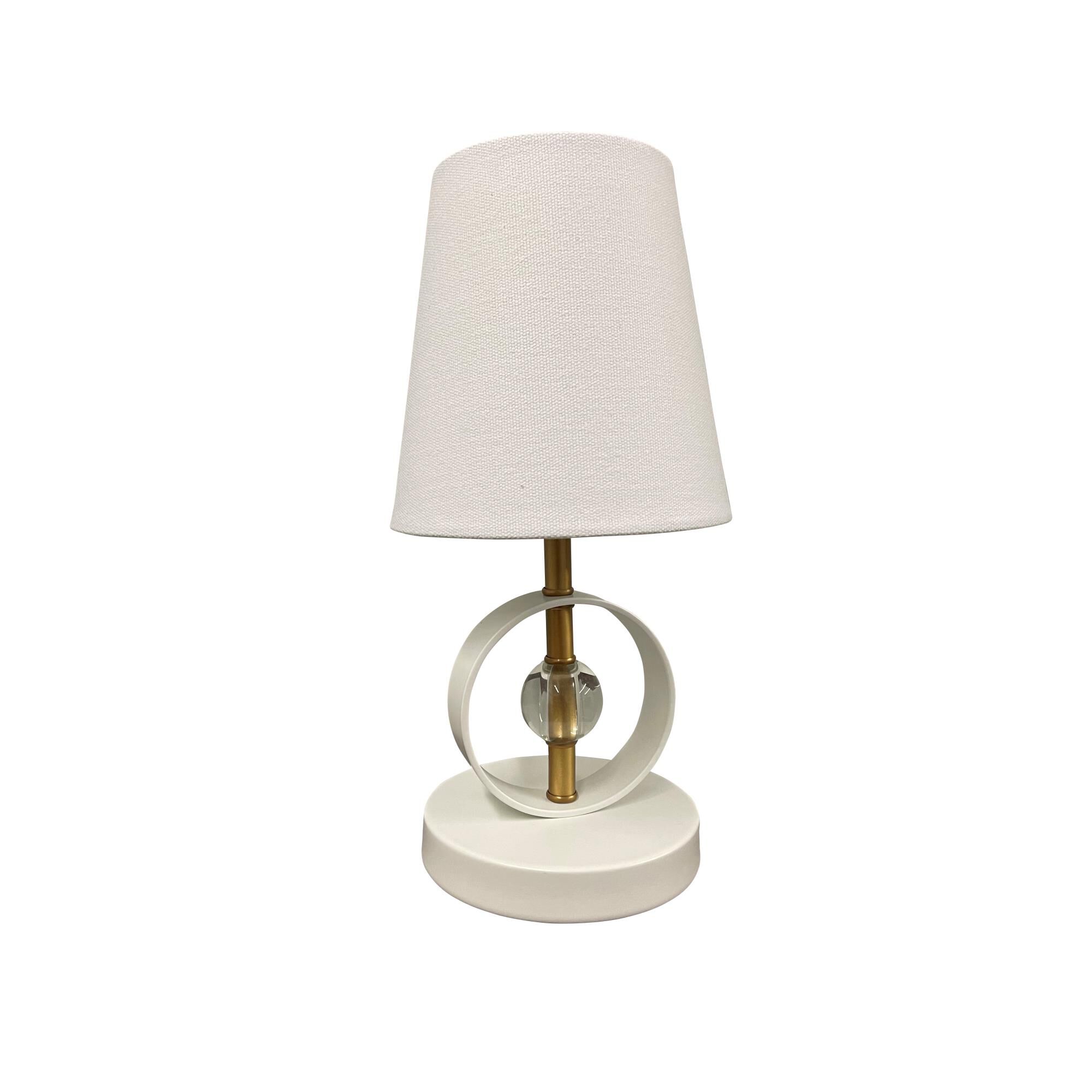 Shown in Weathered Brass and White finish and White Linen Hardback shade