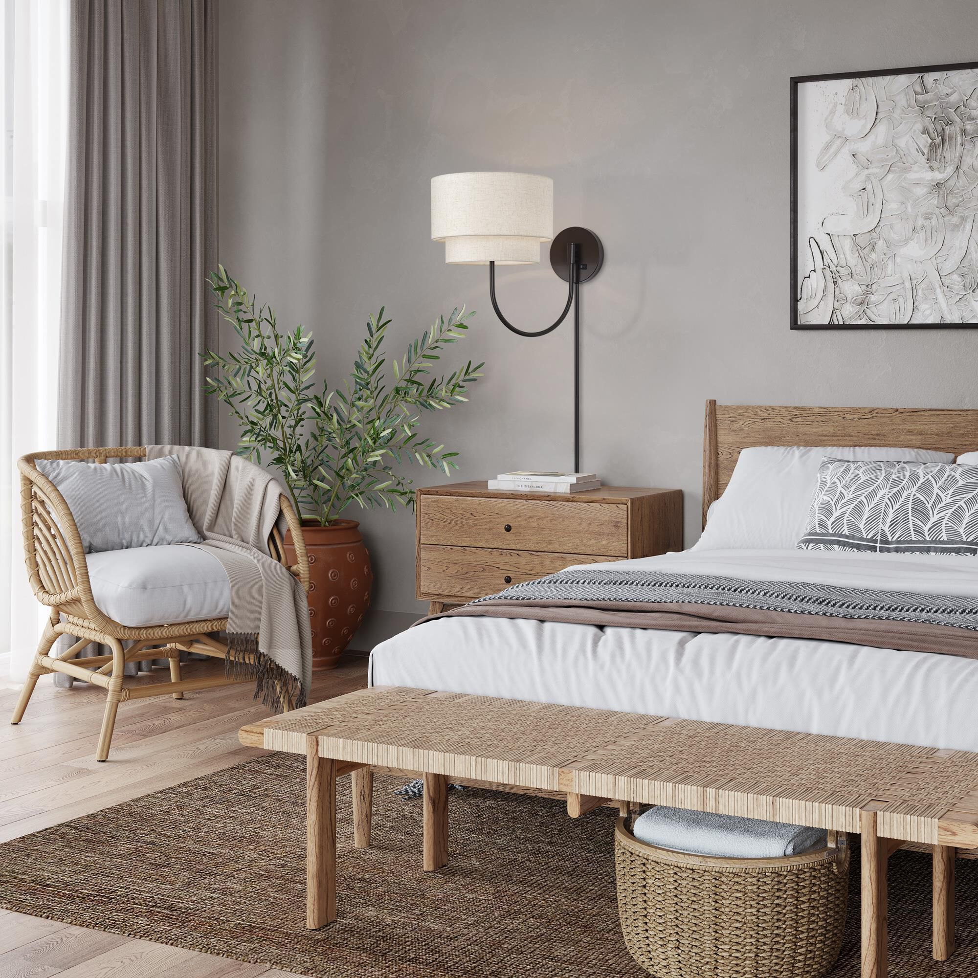 Shown in English Bronze finish and Hand Crafted Oatmeal Color Fabric with White Color Inside shade