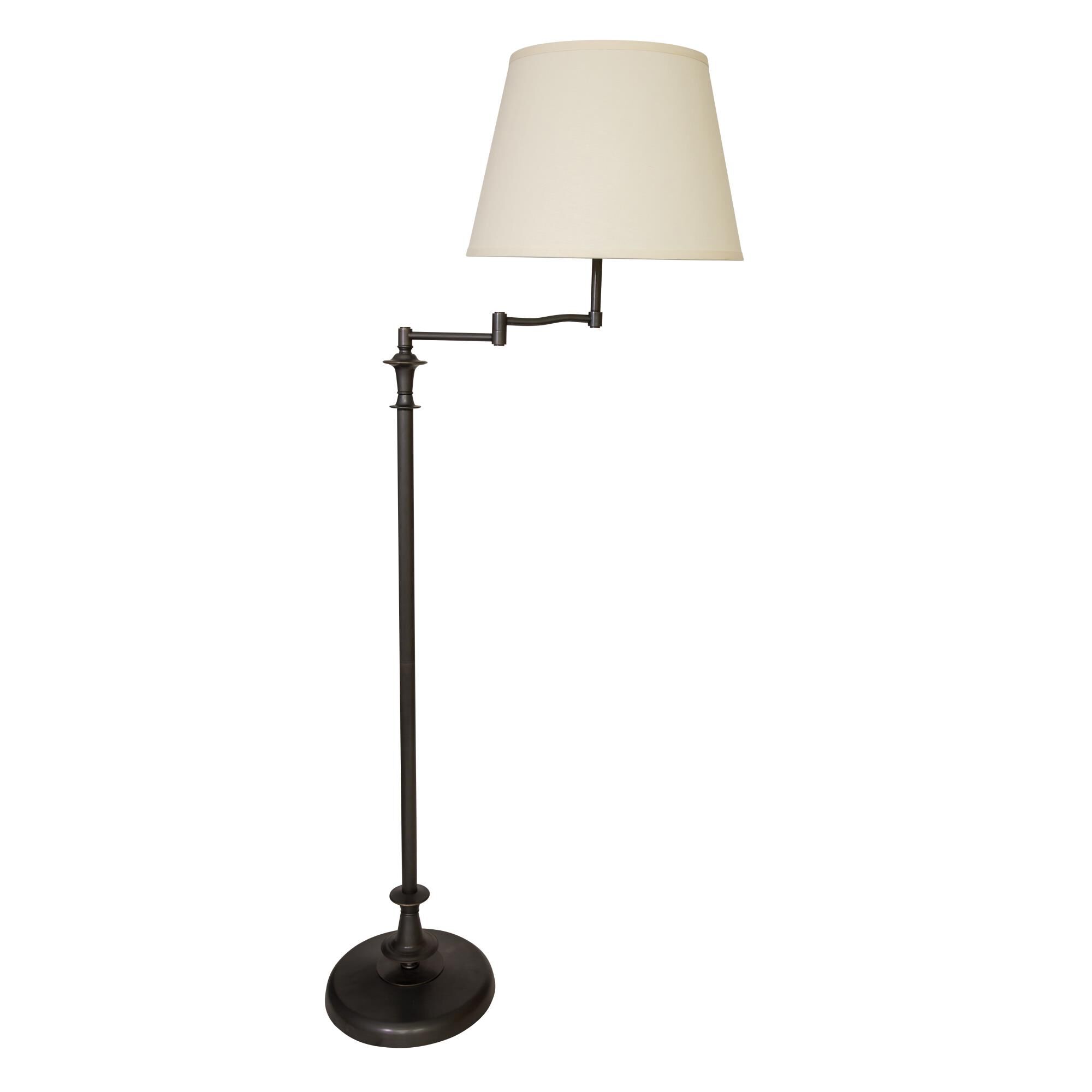 Shown in Oil Rubbed Bronze finish and Off White Linen Hardback shade
