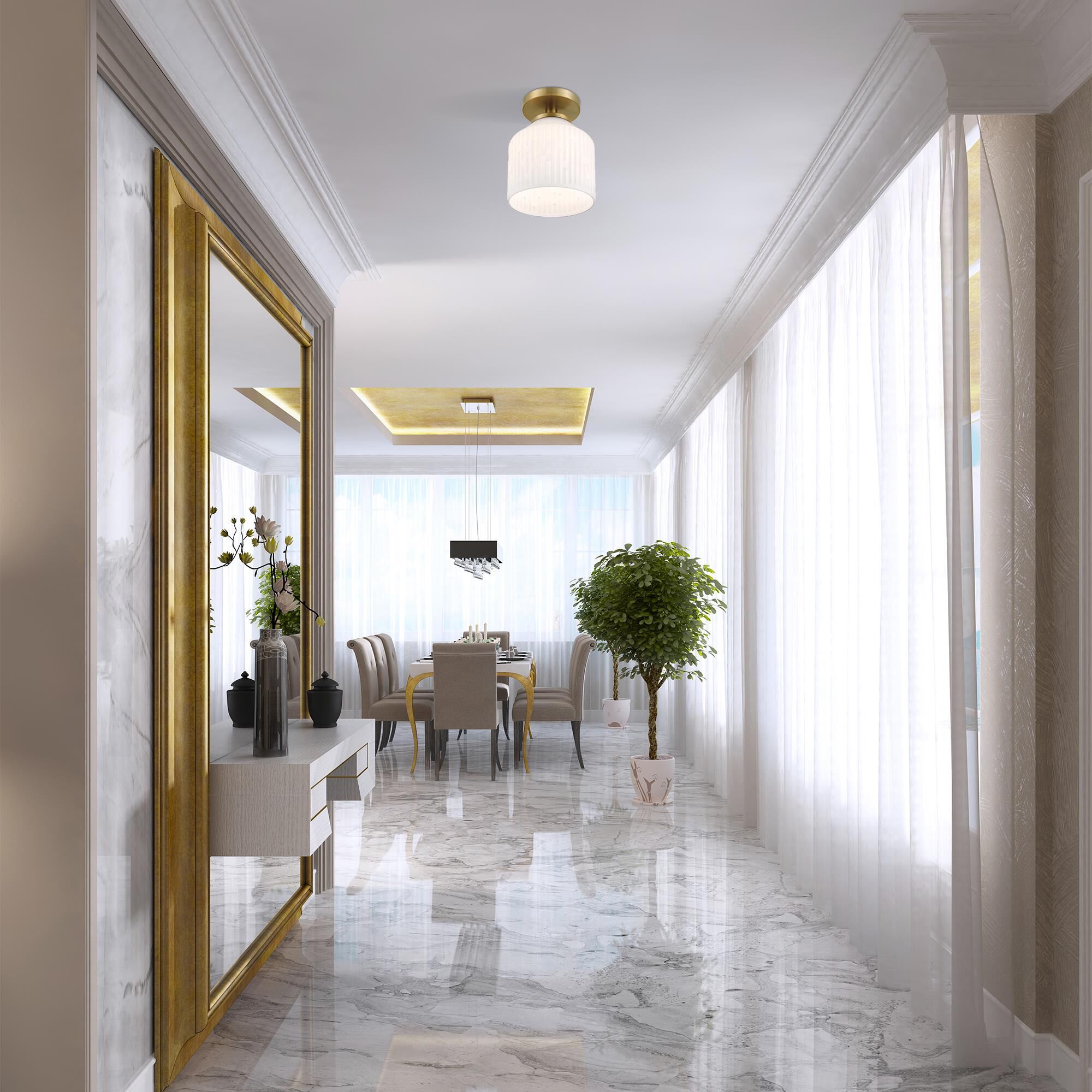 Shown in Brushed Gold finish and Etched Opal glass