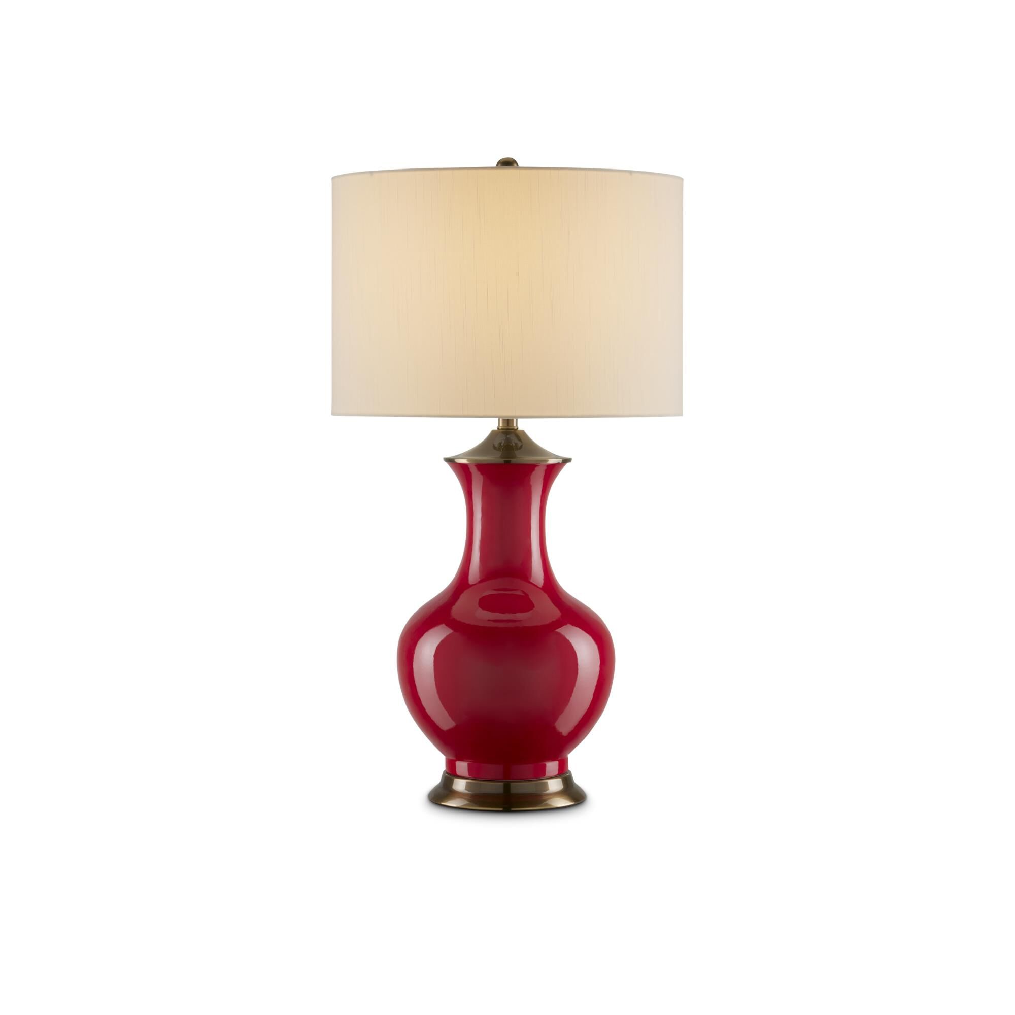 Shown in Red, Antique Brass finish and Eggshell Polyester shade