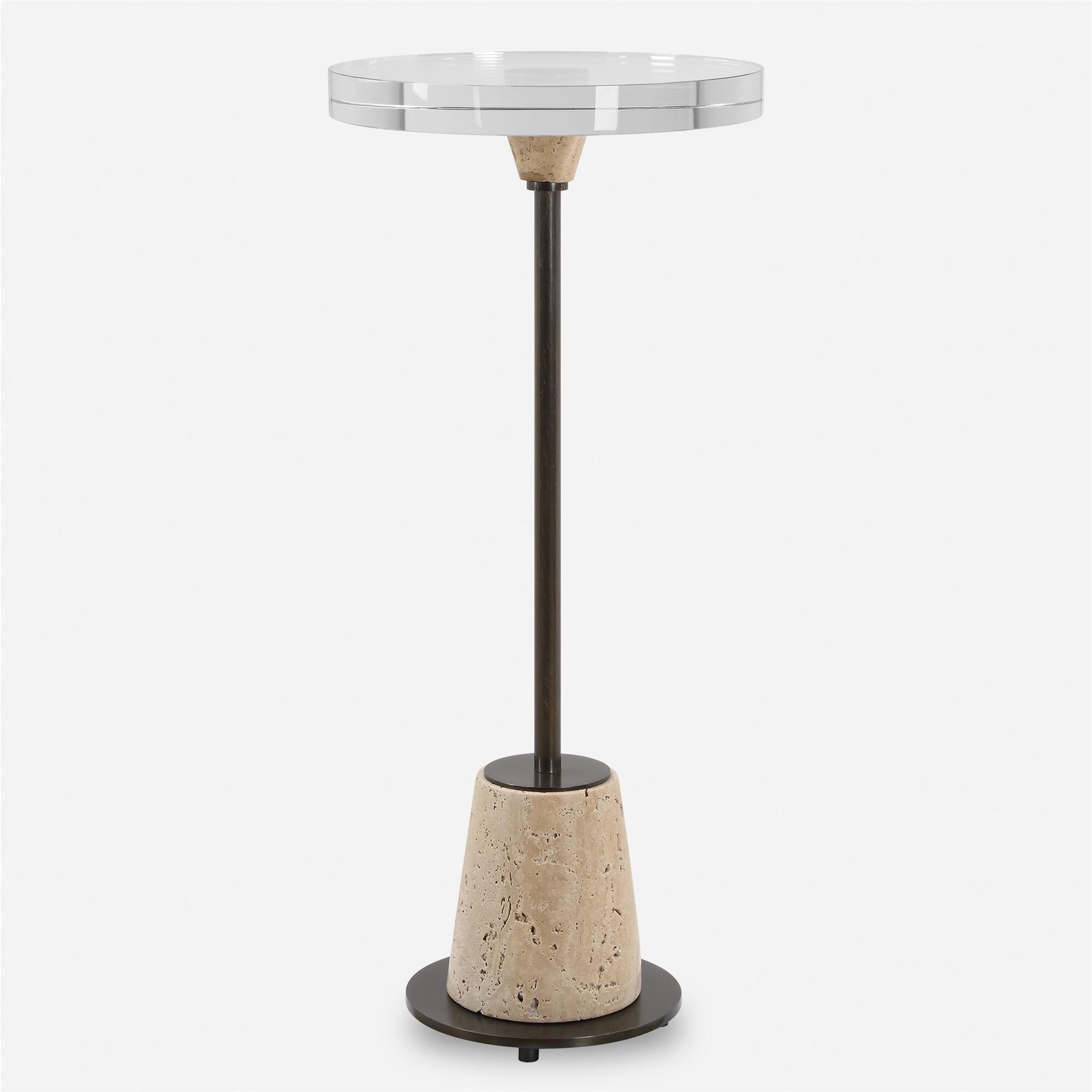 Shown in The Aurthur Accent Table Features A Thick Crystal Top, Honed And Unfilled Travertine, Paired With Br finish