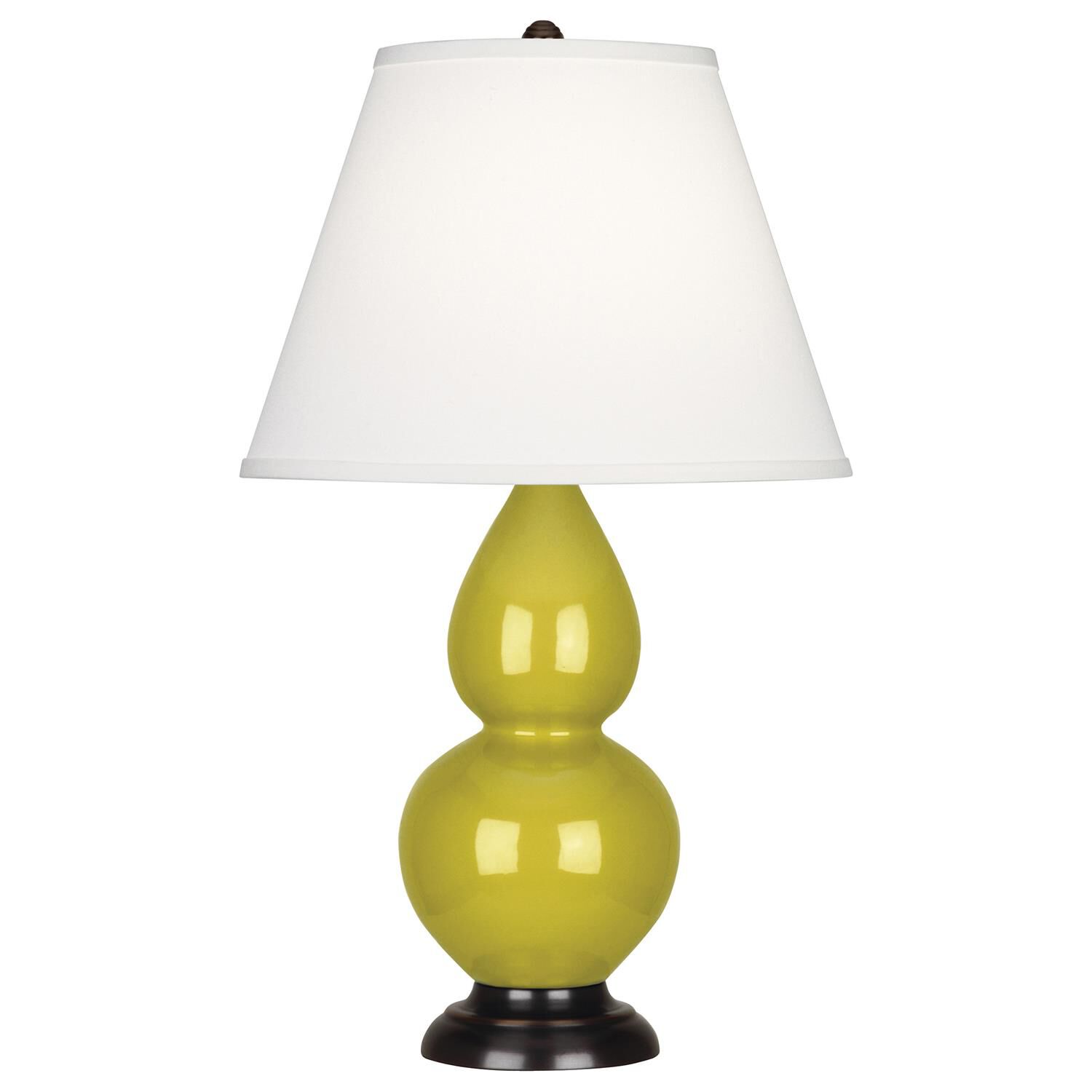 Shown in Citron Glazed Ceramic With Deep Patina Bronze ed Accents finish and Pearl Dupioni Fabric shade