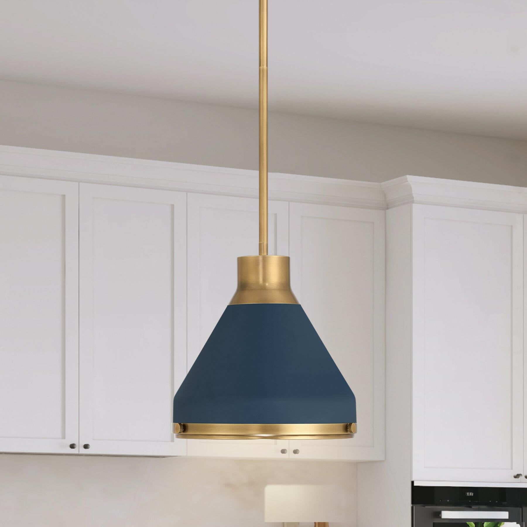 Shown in Natural Brass finish and Etched glass and Natural Brass, Matte Blue shade