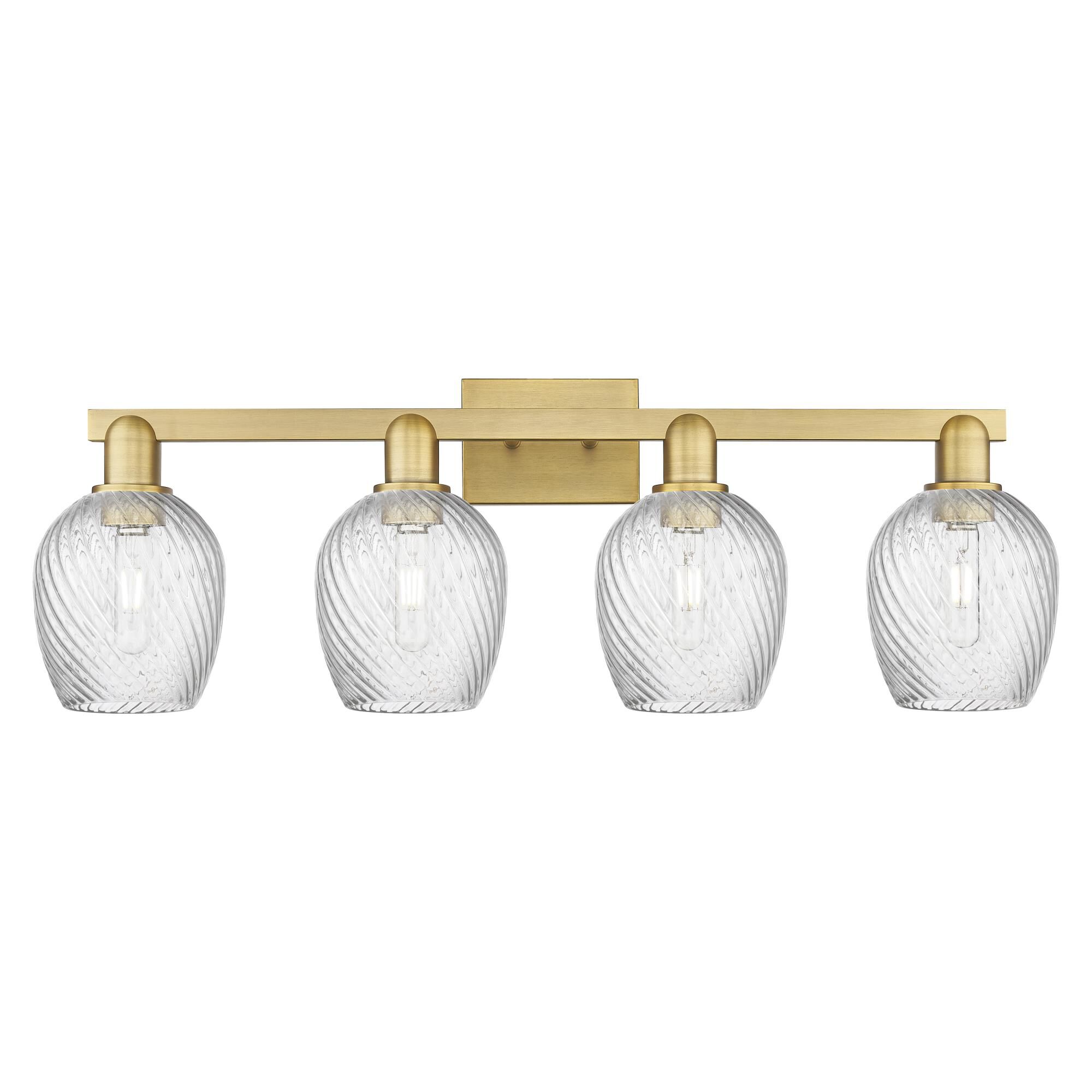 Shown in Brushed Brass finish and Clear Spiral Fluted glass