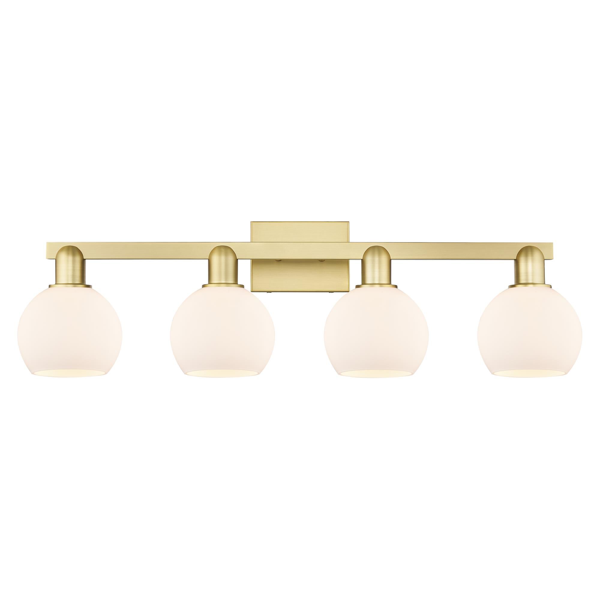 Shown in Satin Gold finish and Matte White glass