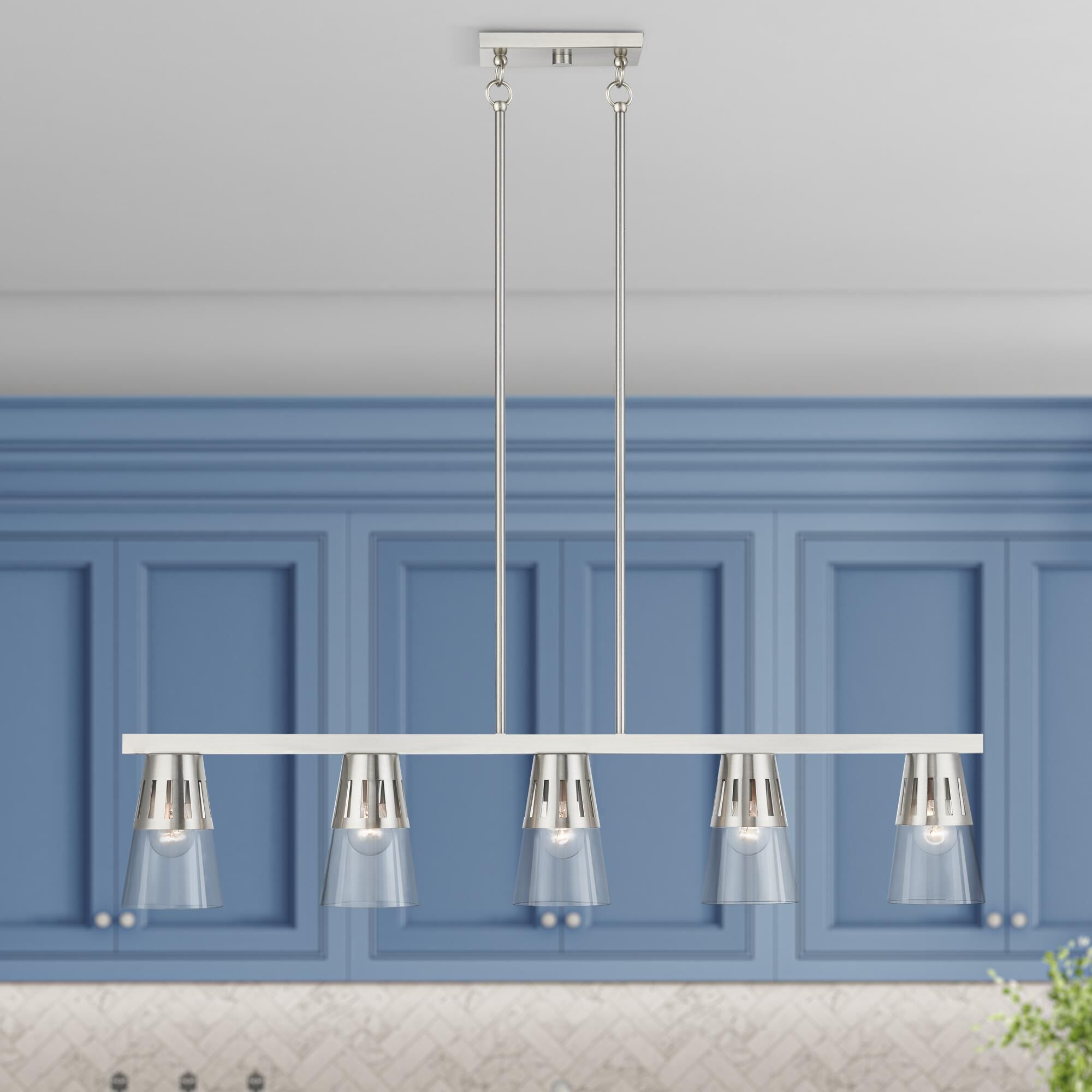 Shown in Brushed Nickel finish and Clear Hand Blown glass