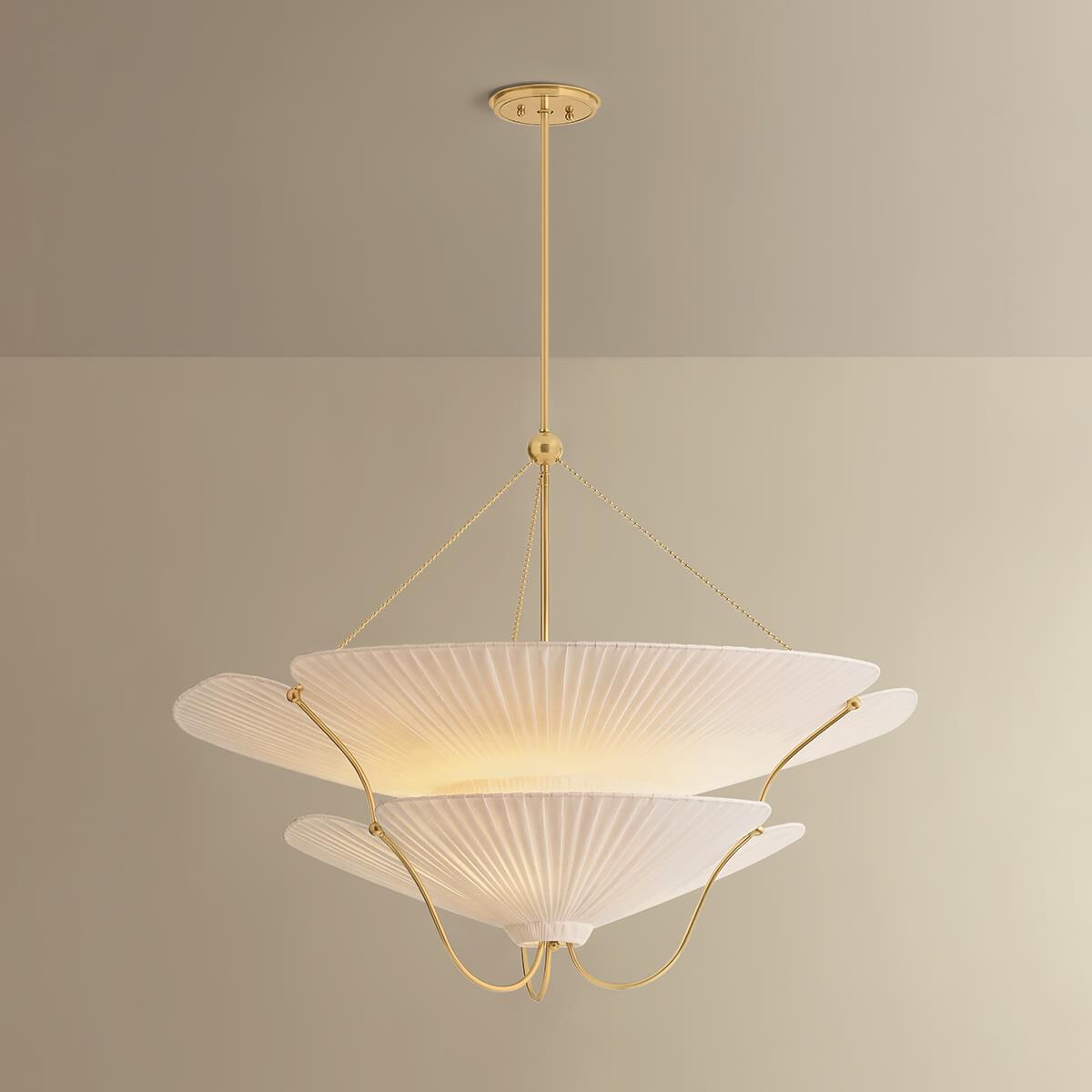 Shown in Aged Brass finish and Ivory Linen shade