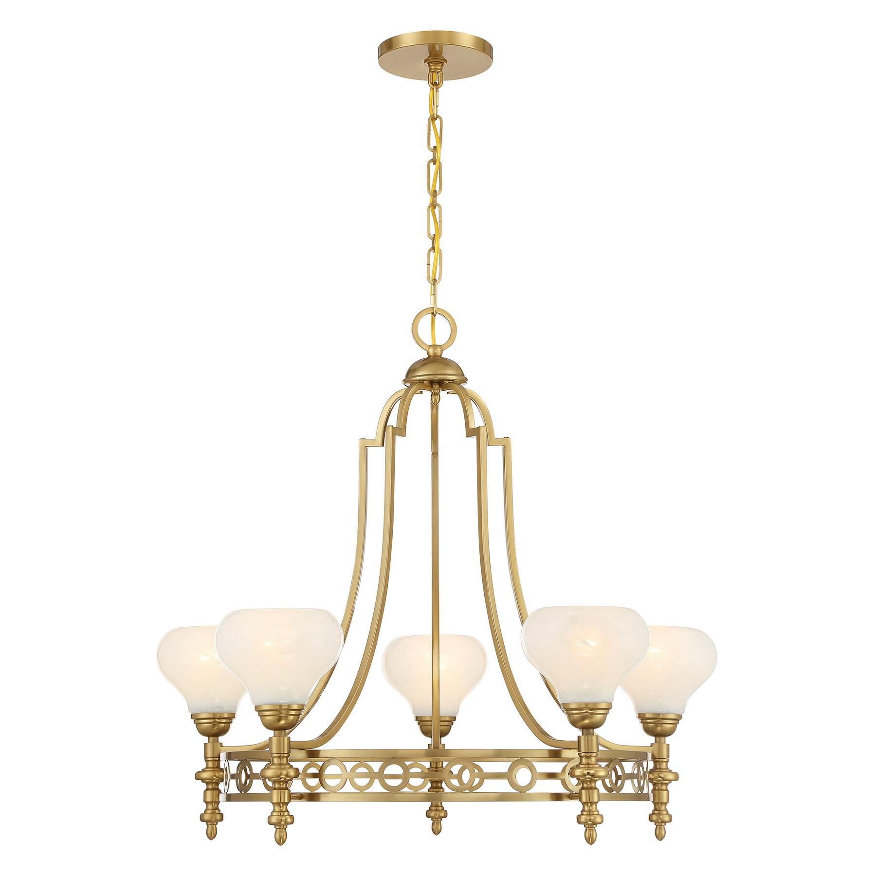 Shown in Warm Brass finish and White Strie glass