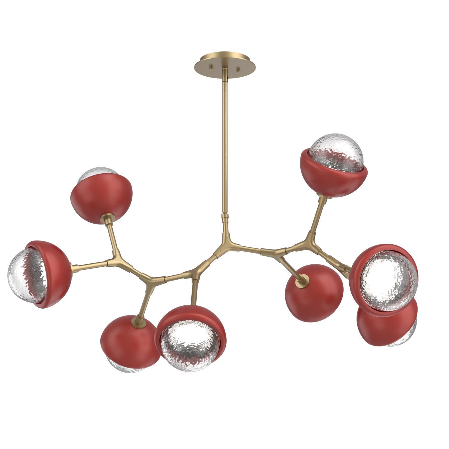 Shown in Gilded Brass finish and Clear glass and Cinnamon Red accent