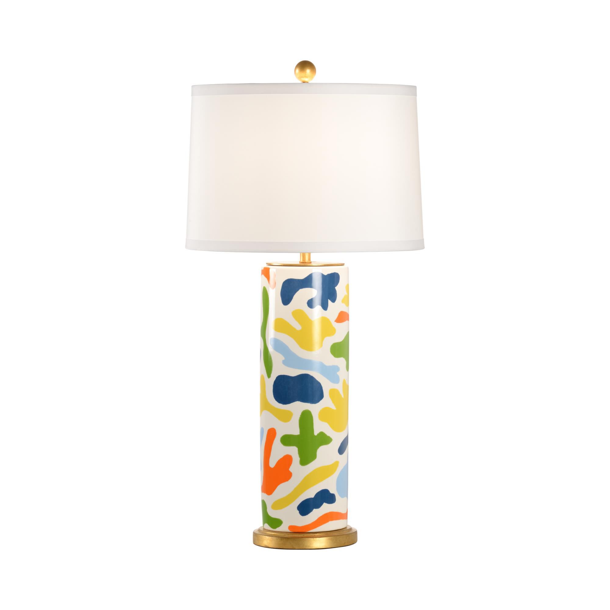 Shown in Yellow/Blue/Orange/Green Glaze/Antique Gold Leaf finish and Off White shade