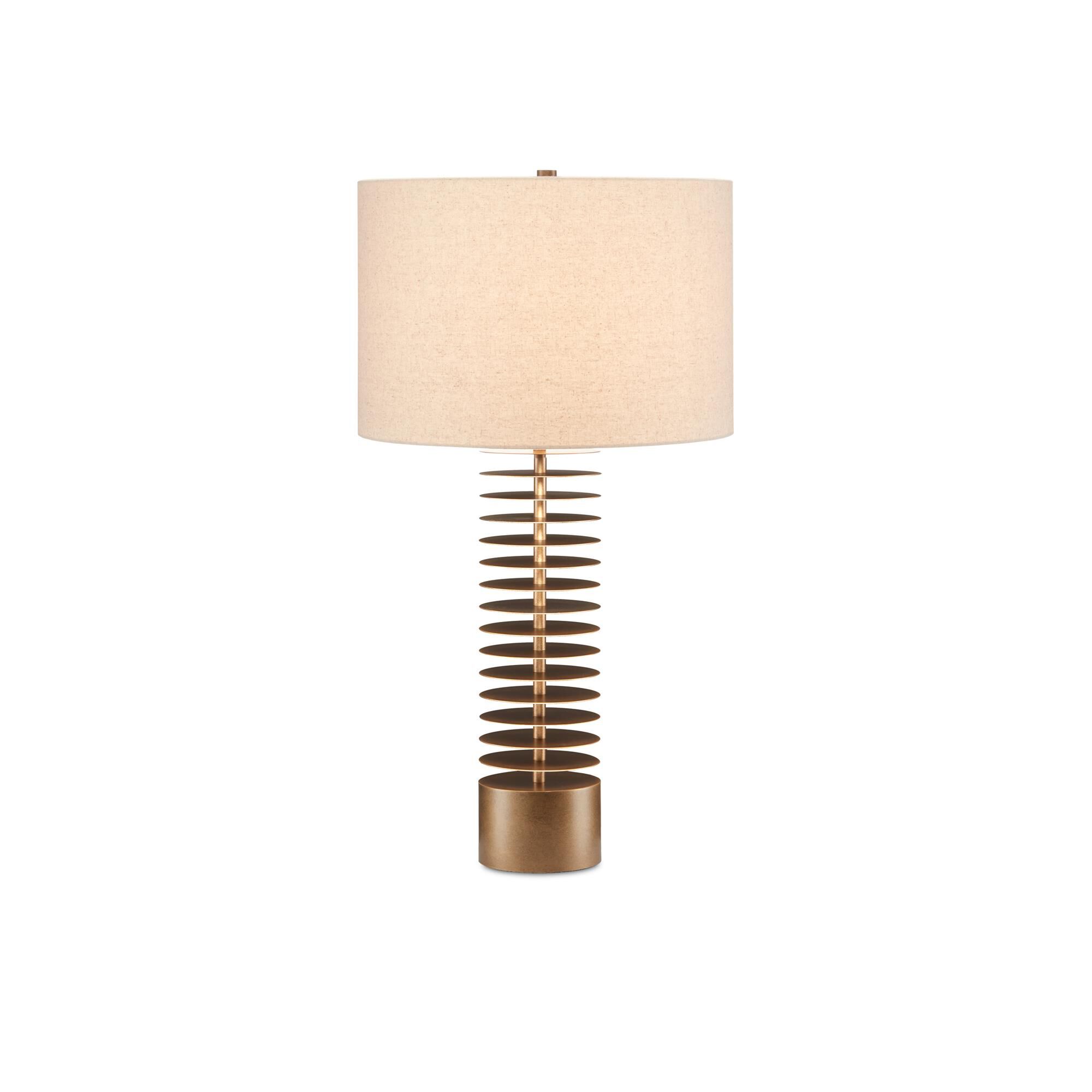 Shown in Painted Antique Brass finish and Natural Linen shade