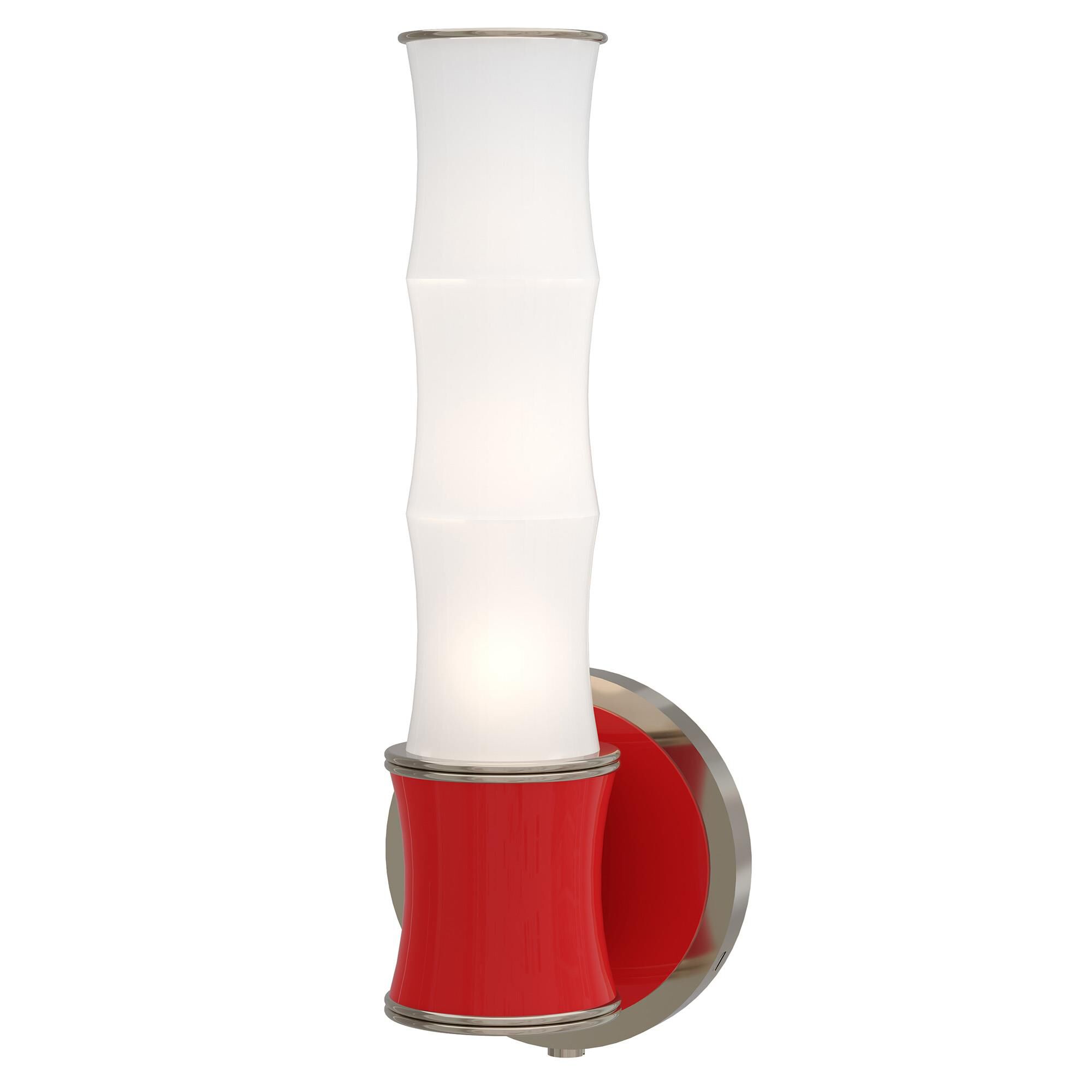 Shown in Ruby Red finish and White Frosted glass and Polished Nickel accent