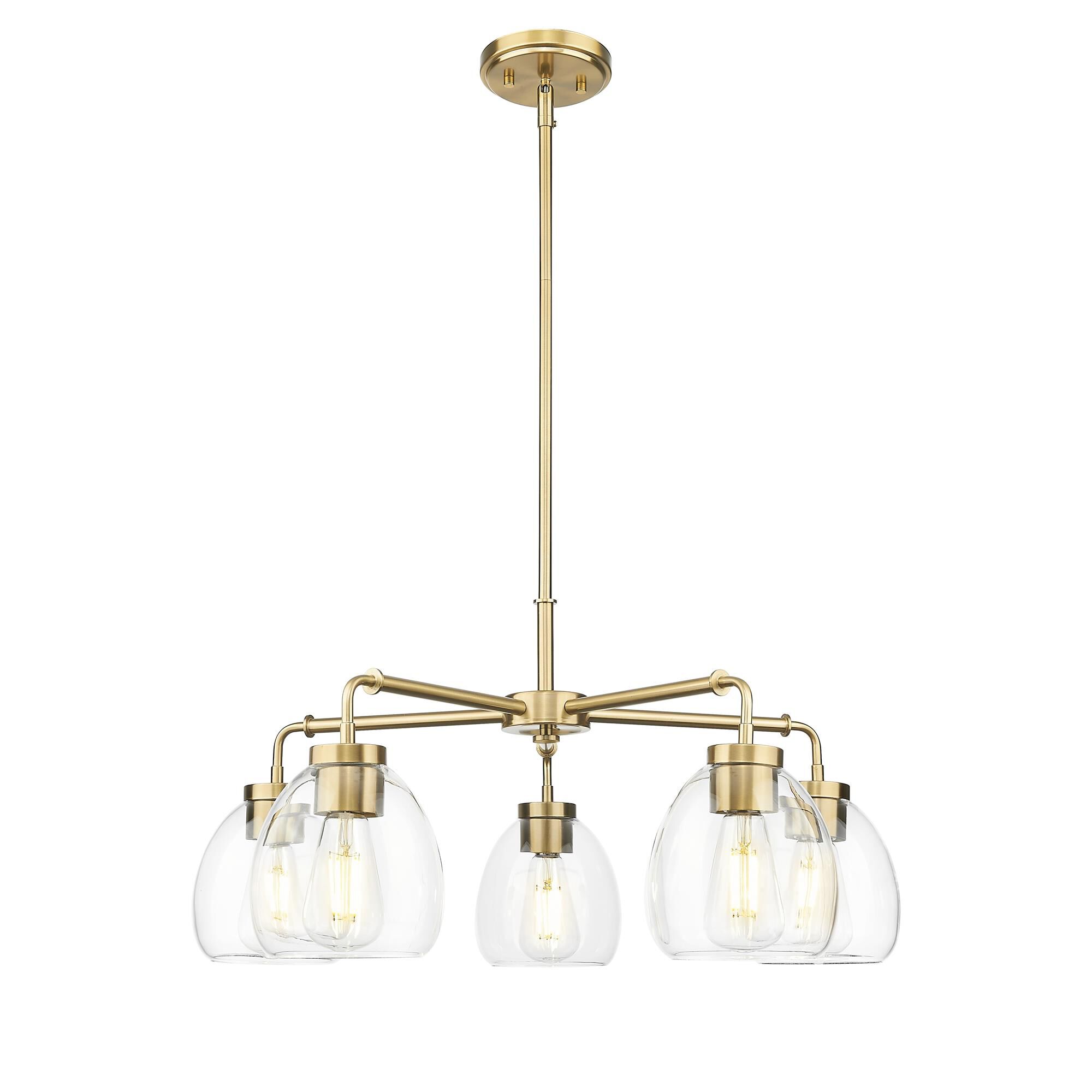 Shown in Brass finish and Clear Glass Globes shade