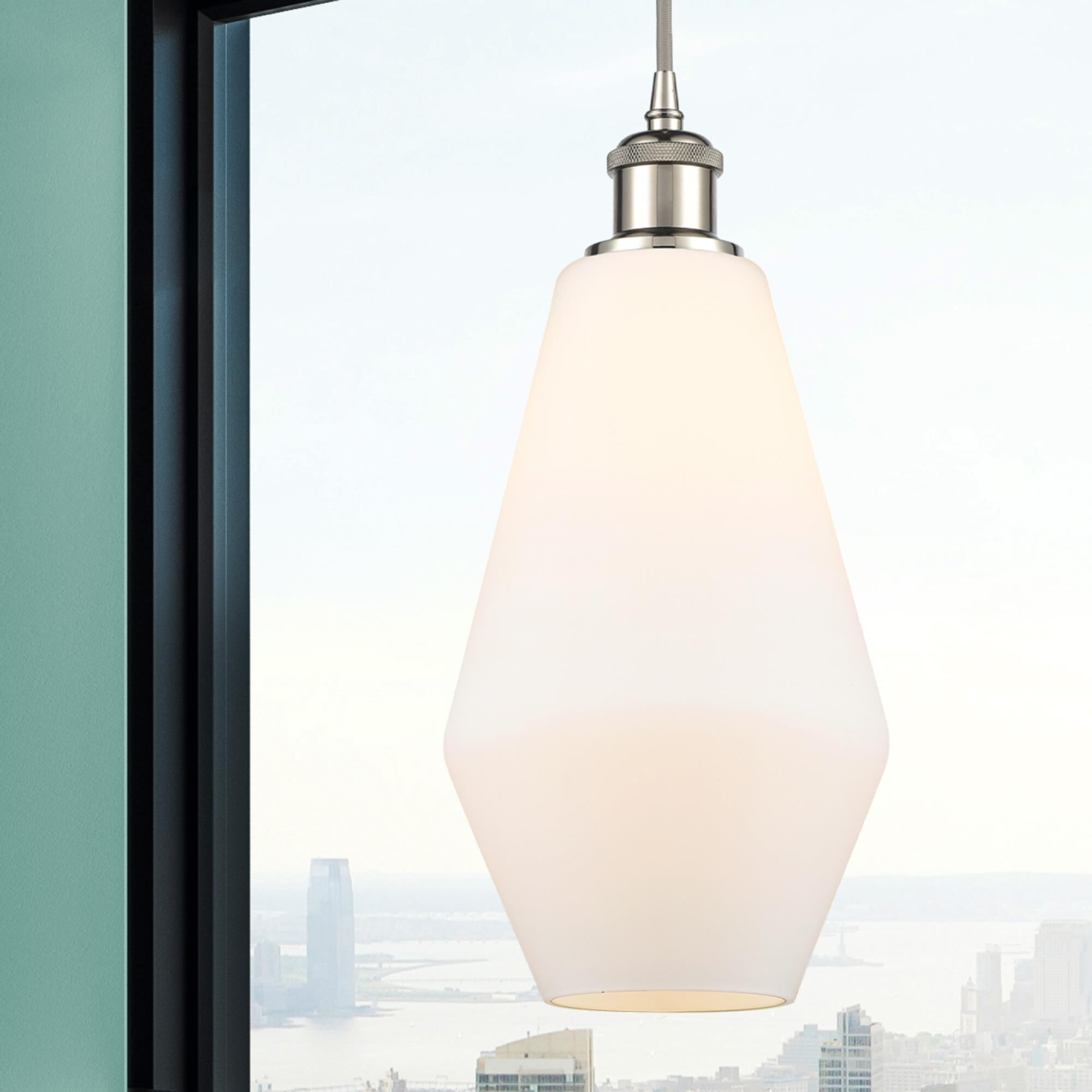 Shown in Polished Nickel finish and Matte White glass