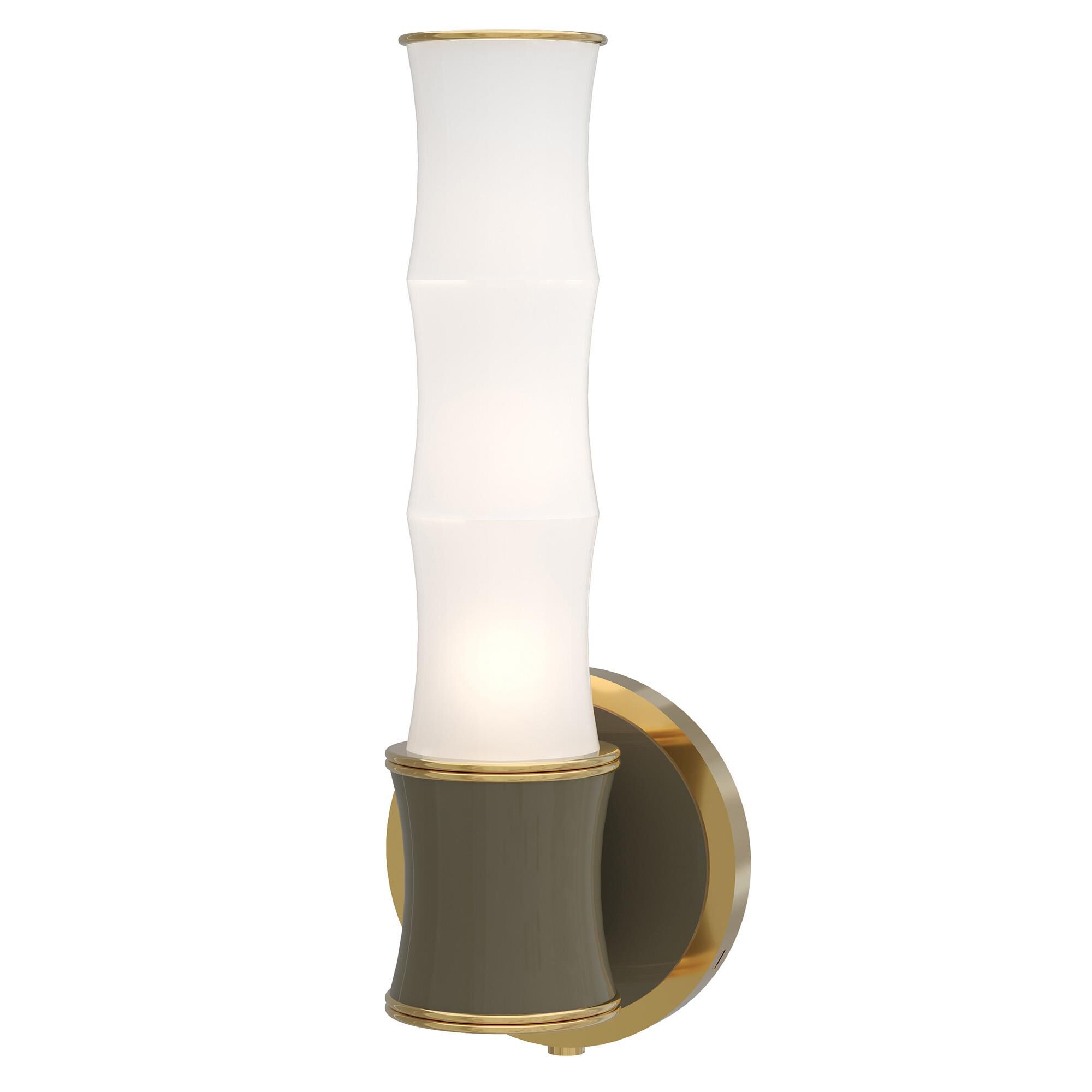 Shown in Smokey Taupe finish and White Frosted glass and Modern Brass accent