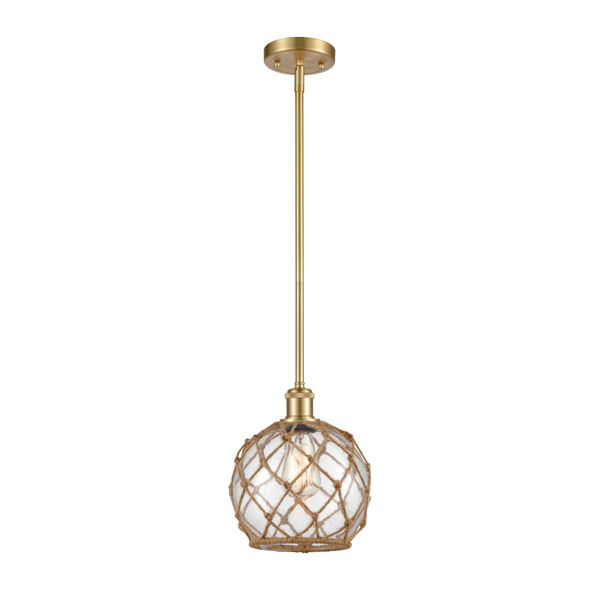 Shown in Satin Gold finish and Clear Farmhousewith Brown Rope glass