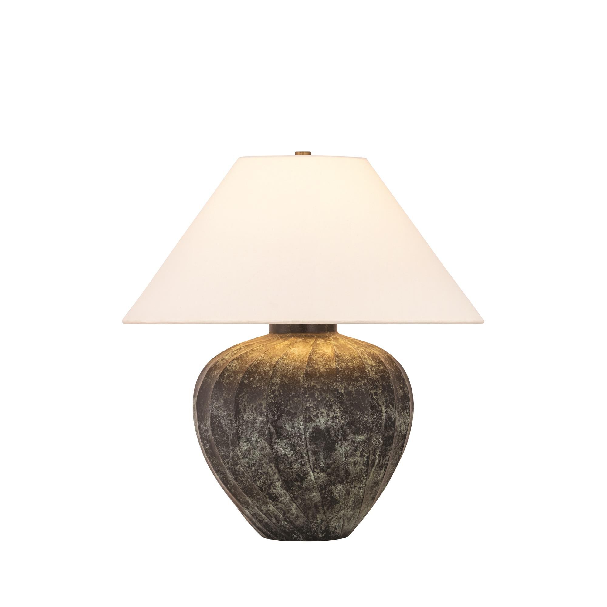 Shown in Patina Brass finish and Off White Linen shade