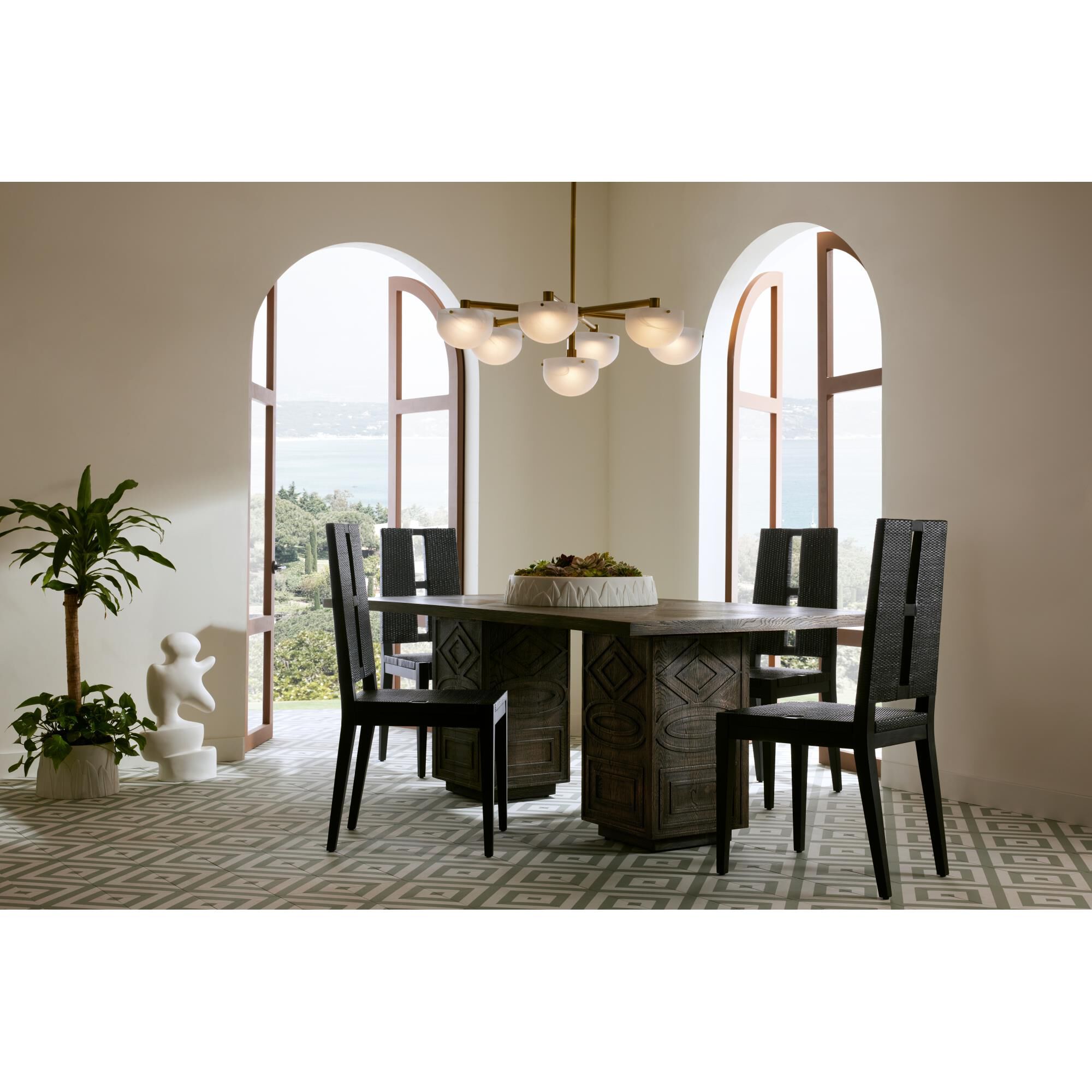 Shown in Antique Brass finish and White Swirl glass