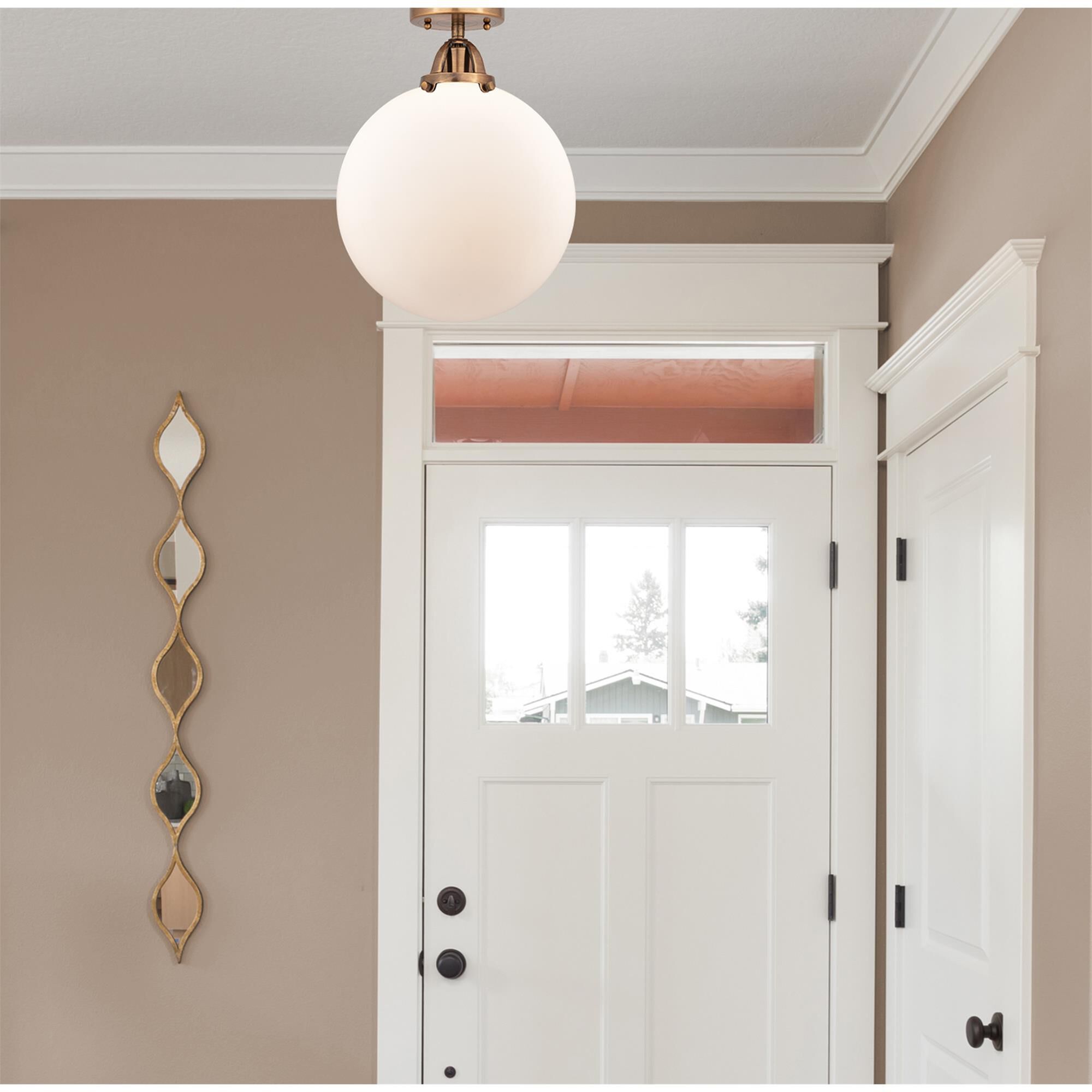 Shown in Antique Copper finish and Matte White Cased Beacon glass and No Shade shade